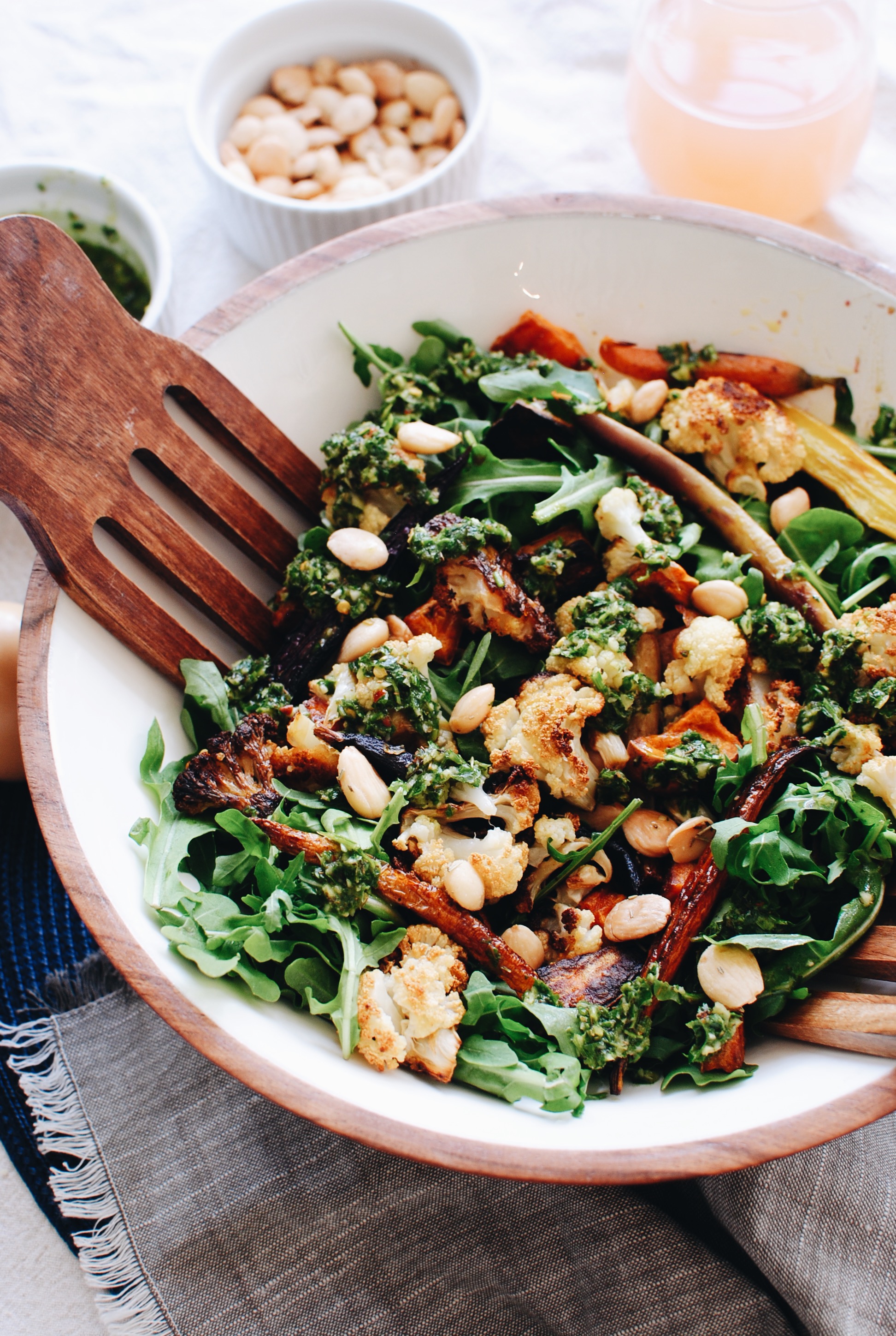 Roasted Veggie Salad with Arugula, Marcona Almonds and Chimichurri / Bev Cooks