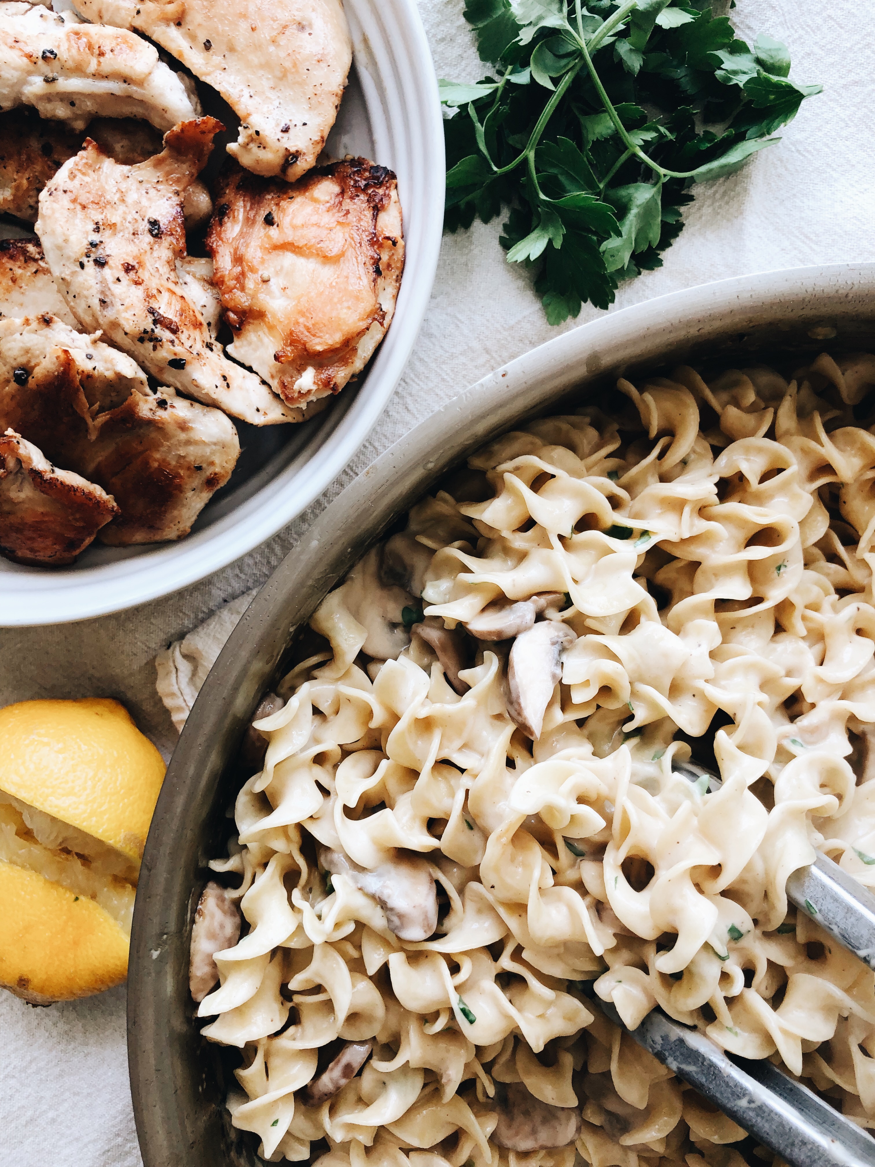 Creamy Chicken and Mushroom Pasta / Bev Cooks