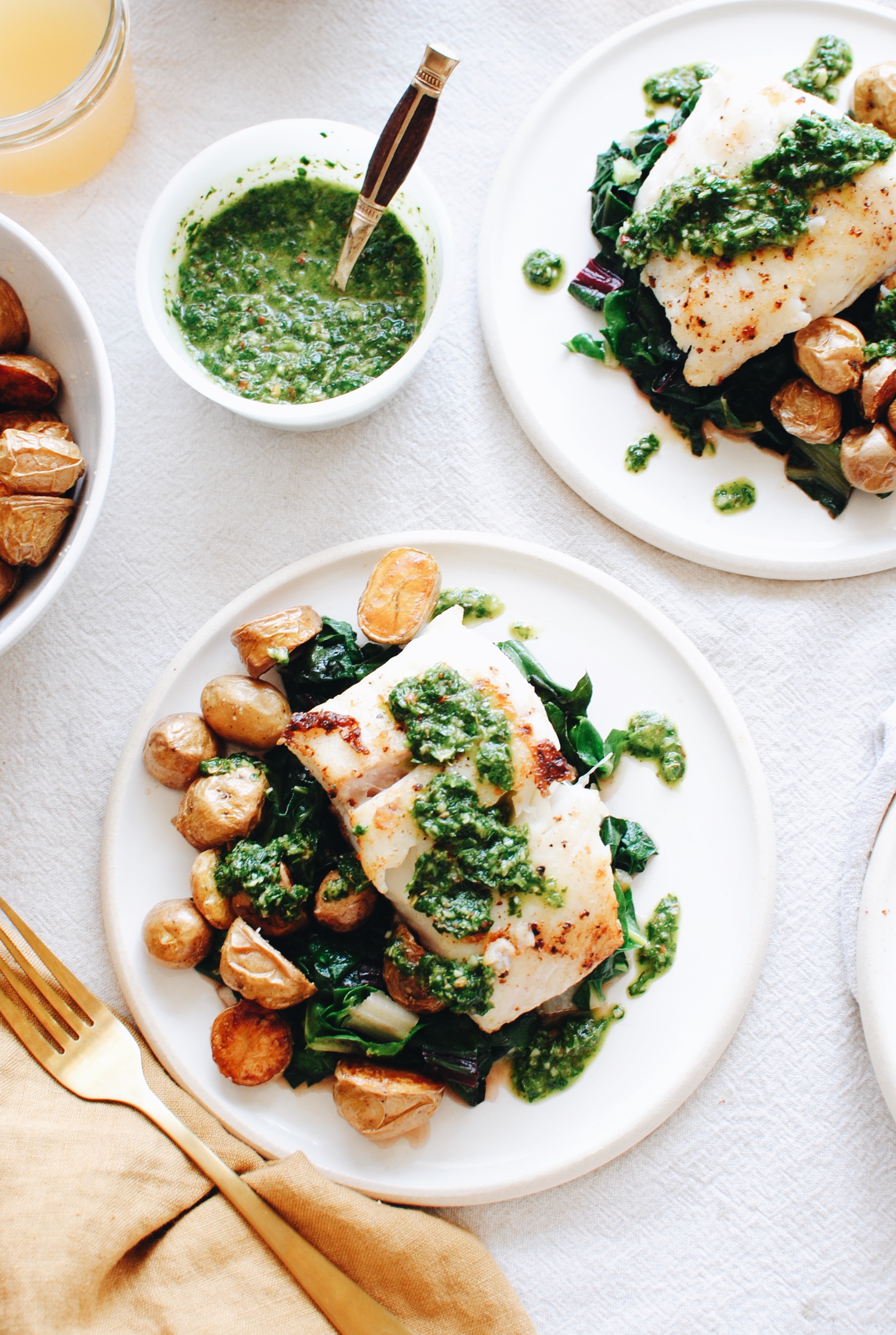 Halibut with Roasted Potatoes, Swiss Chard and a Chimichurri Sauce / Bev Cooks