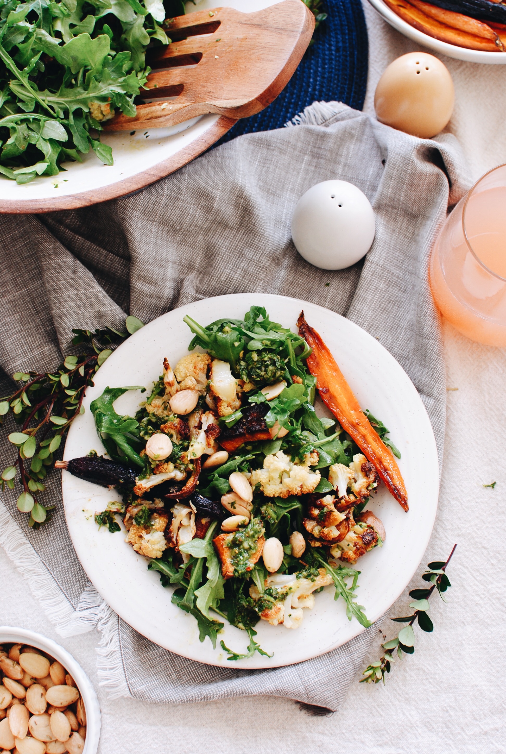 Roasted Veggie Salad with Arugula, Marcona Almonds and Chimichurri / Bev Cooks