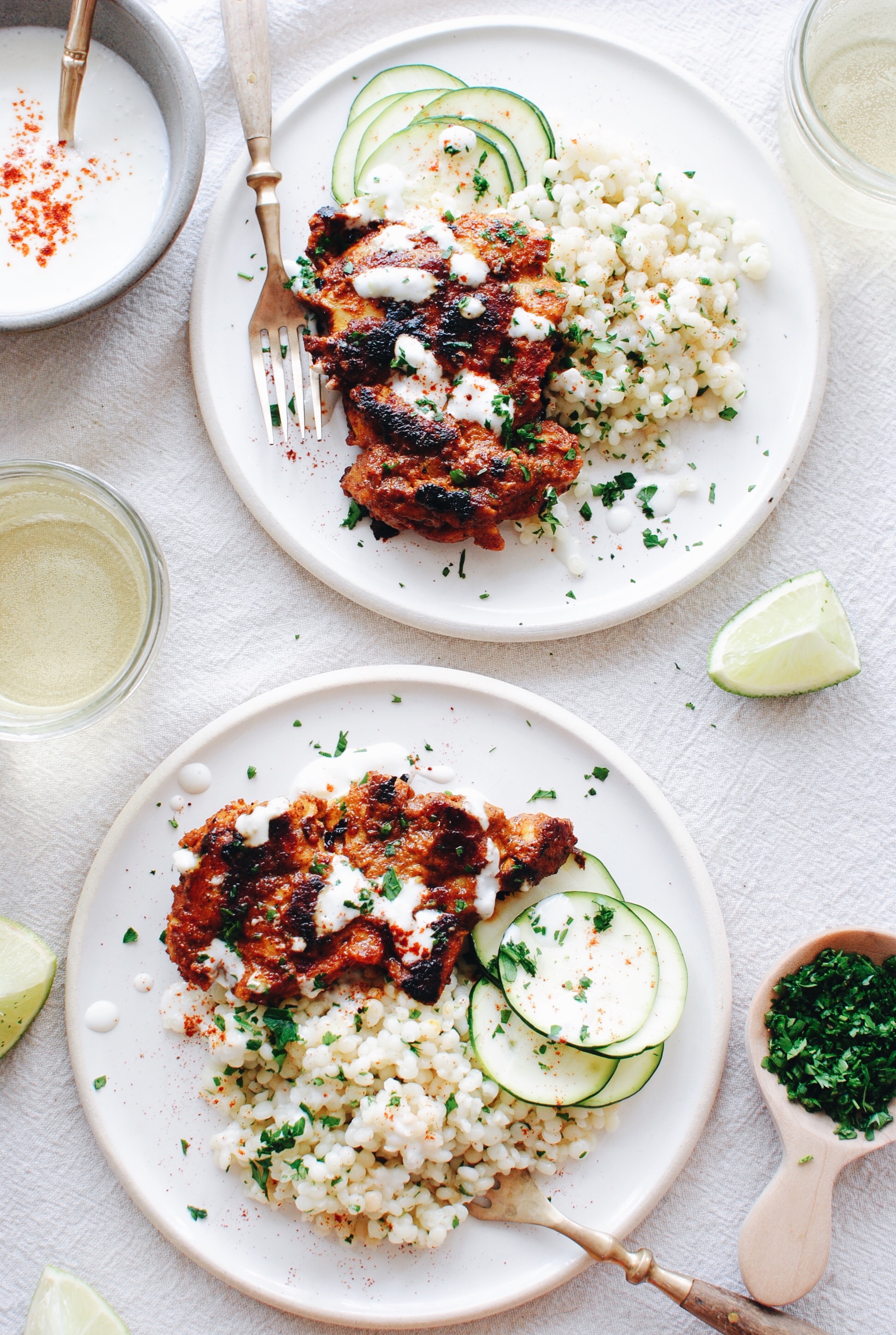 Tandoori Chicken Thighs with Israeli Couscous / Bev Cooks