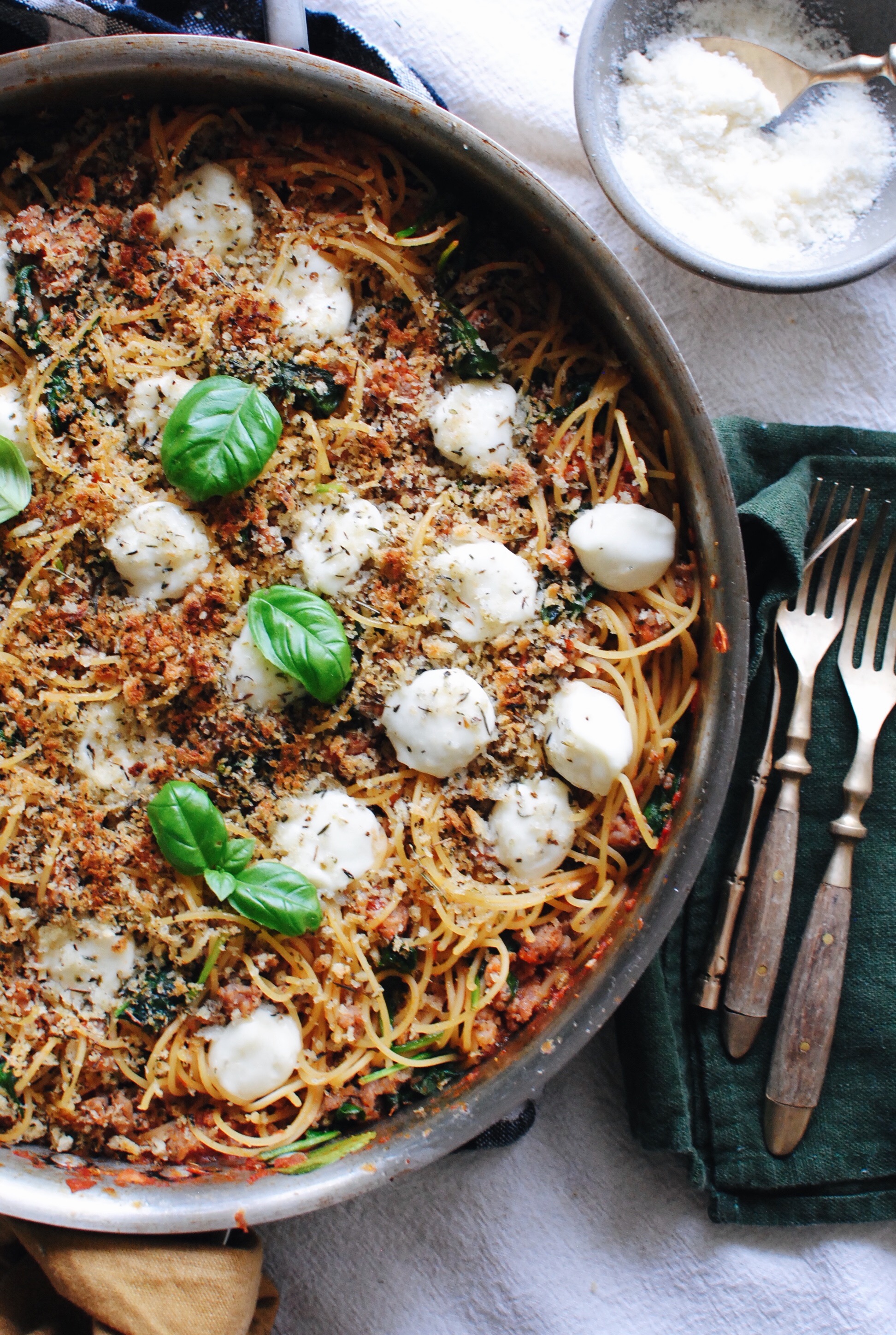 Spaghetti with Sausage, Spinach and Panko /  Bev Cooks