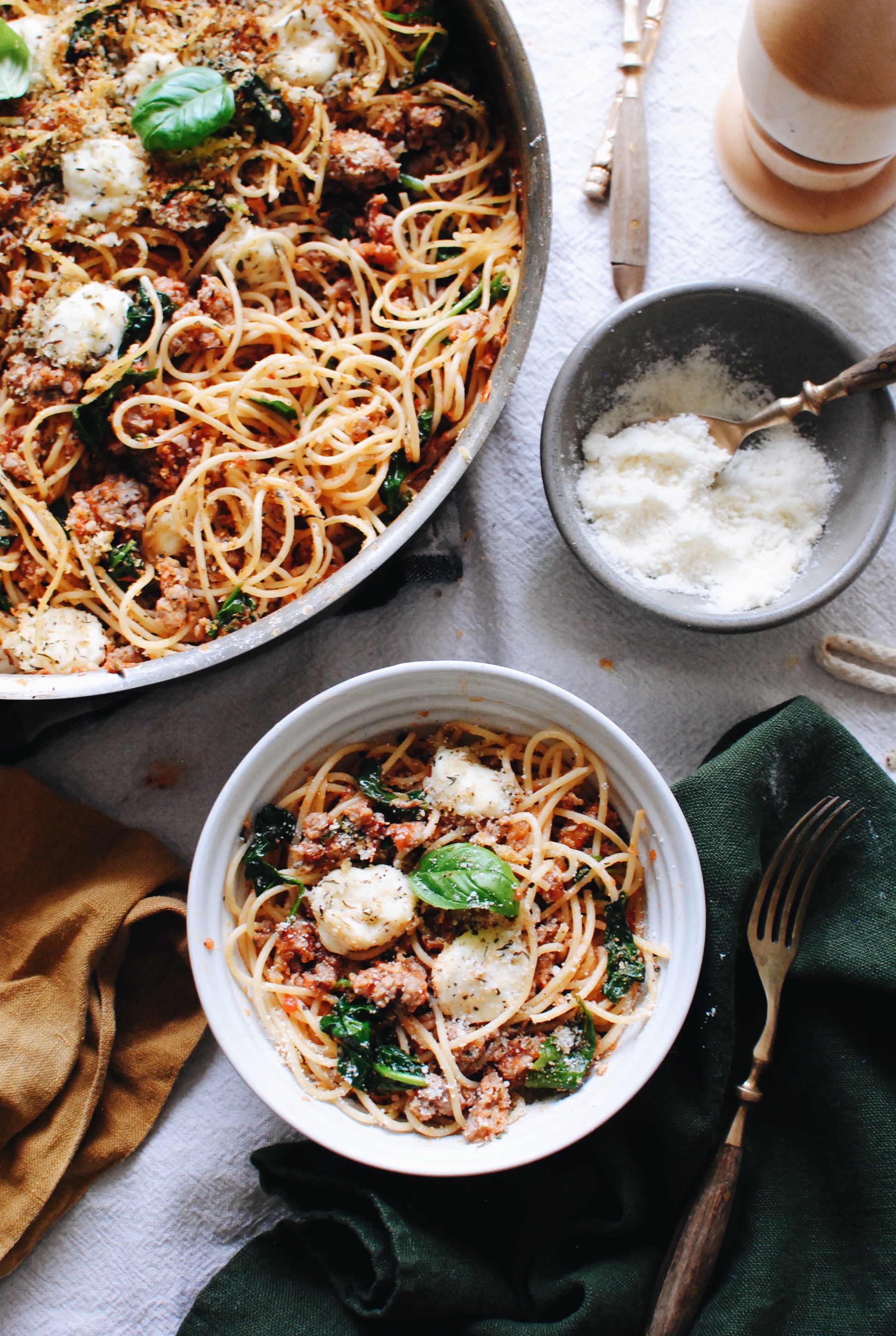 Spaghetti with Sausage, Spinach and Panko /  Bev Cooks