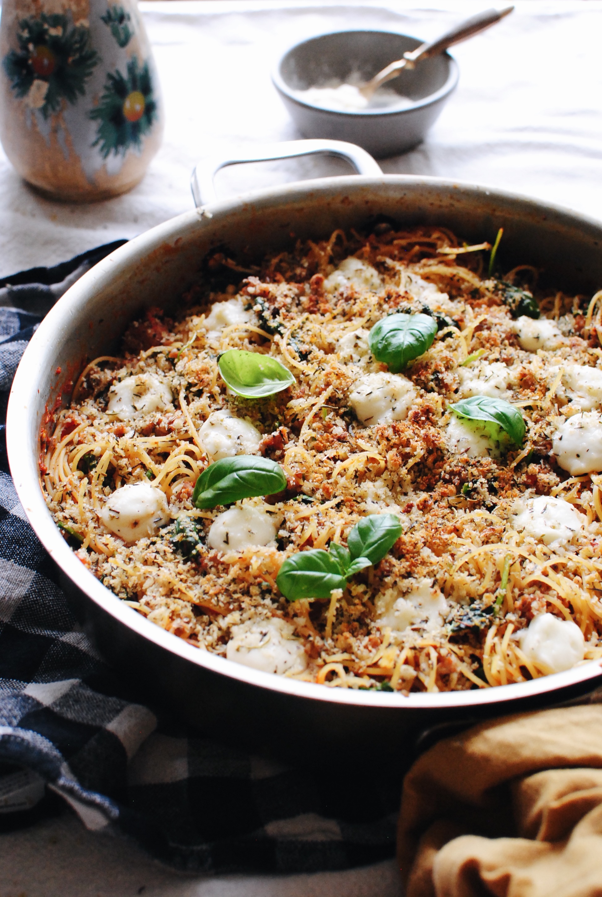 Spaghetti with Sausage, Spinach and Panko /  Bev Cooks