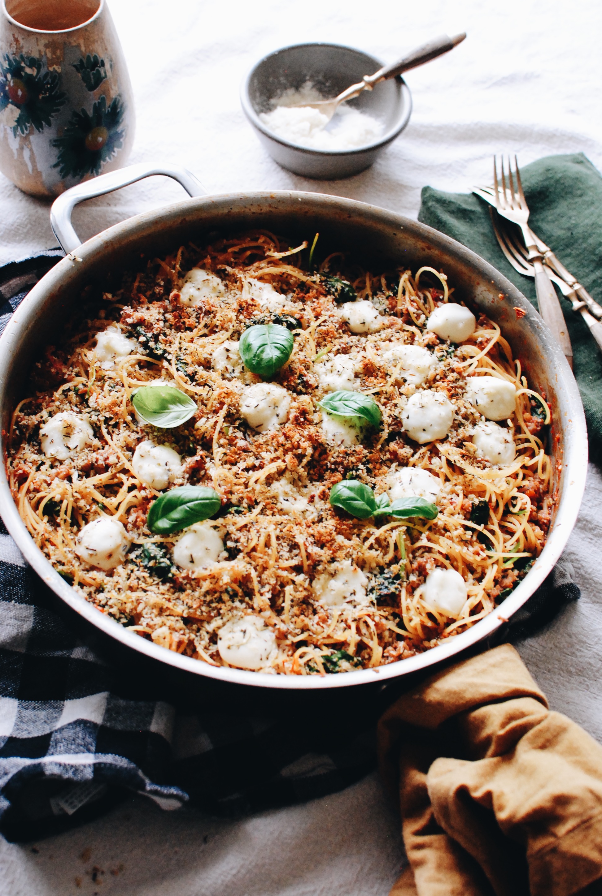 Spaghetti with Sausage, Spinach and Panko /  Bev Cooks