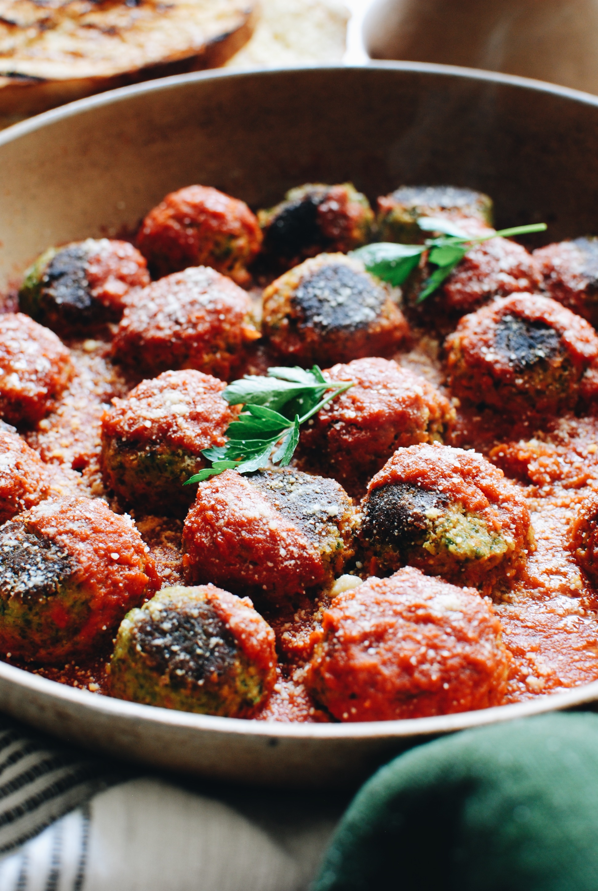 Vegetarian Meatballs with Grilled Bread / Bev Cooks