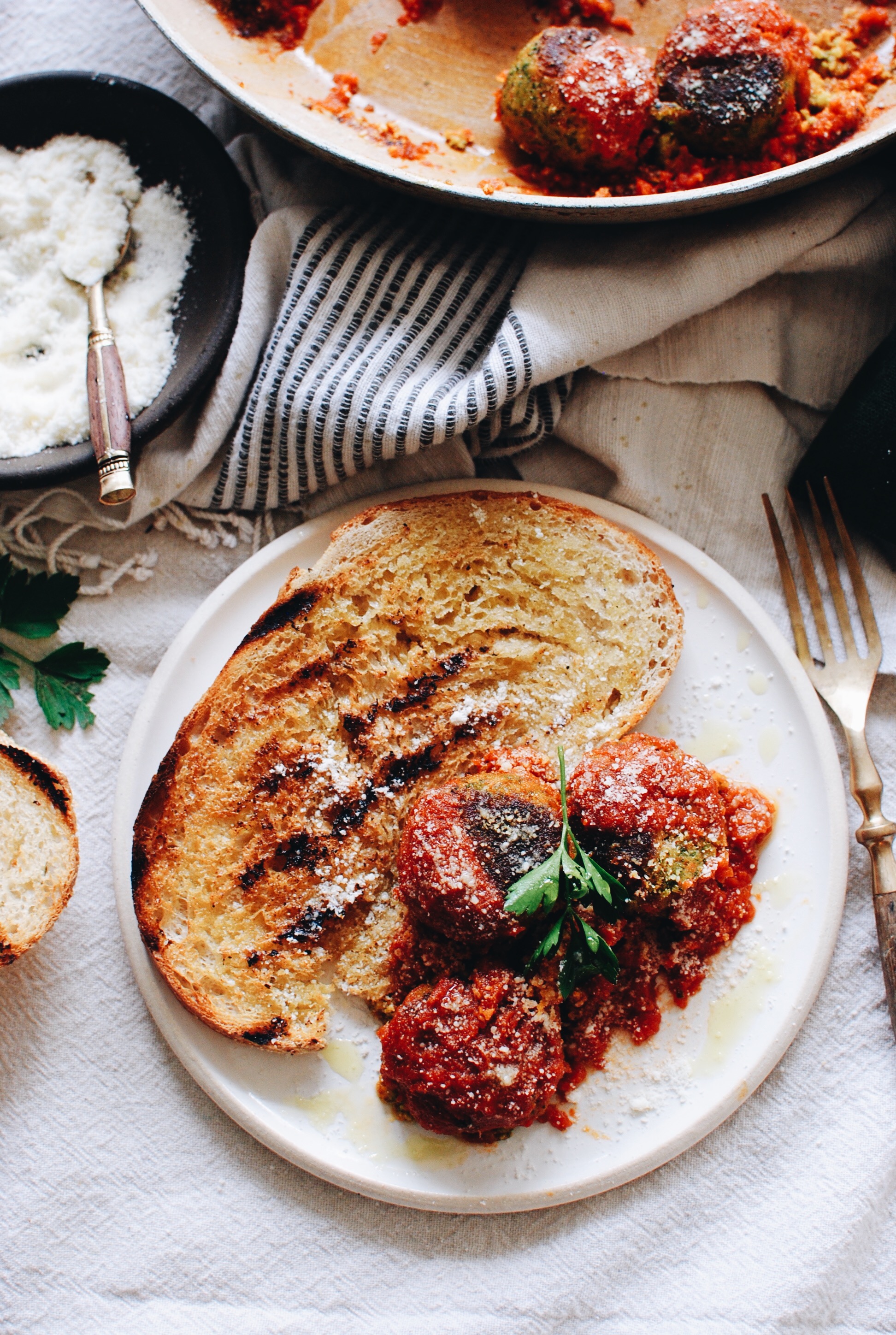 Vegetarian Meatballs with Grilled Bread / Bev Cooks