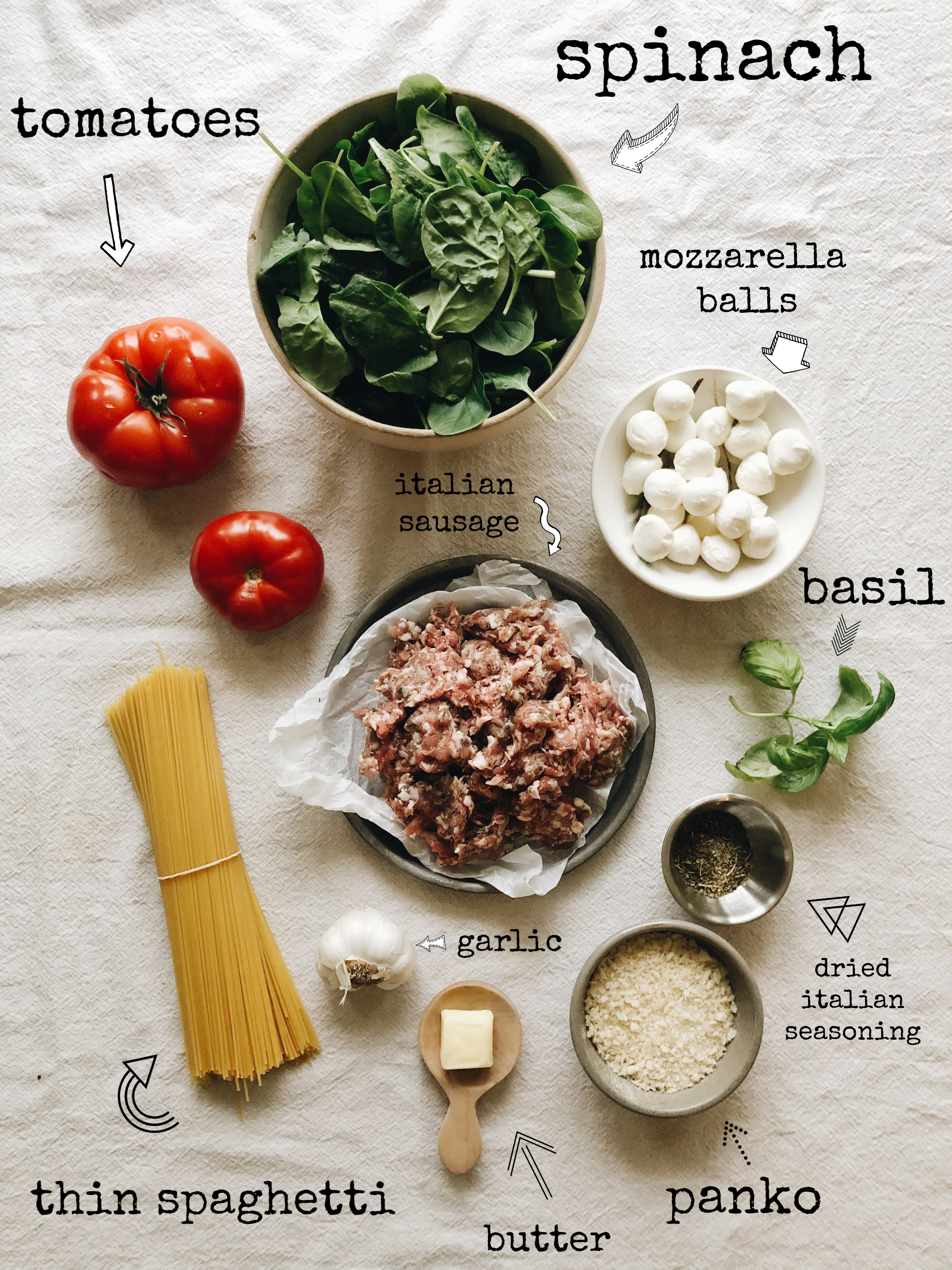 Spaghetti with Sausage, Spinach and Panko /  Bev Cooks