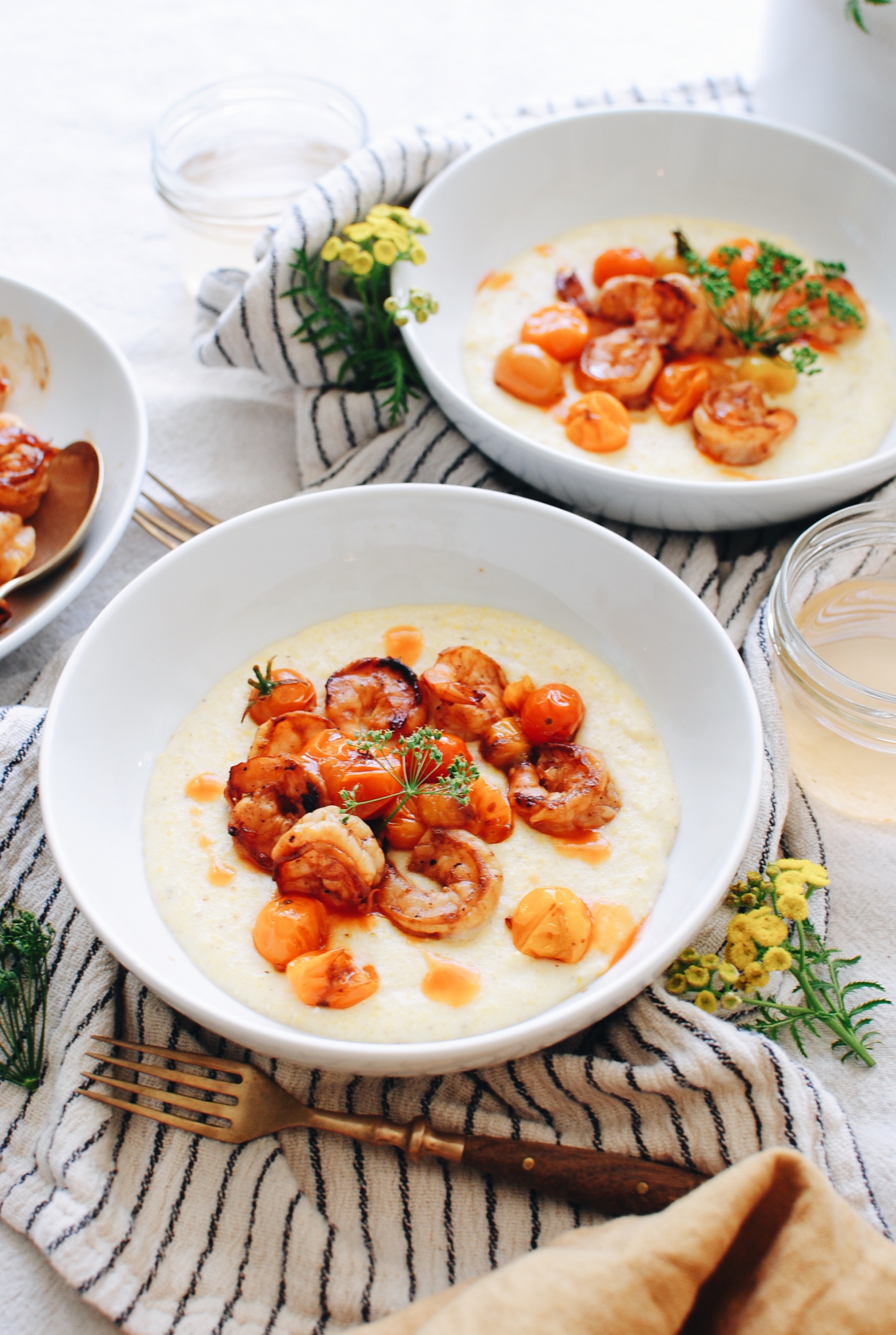 Cheesy Corn Grits with Fiery Tomatoes / Bev Cooks