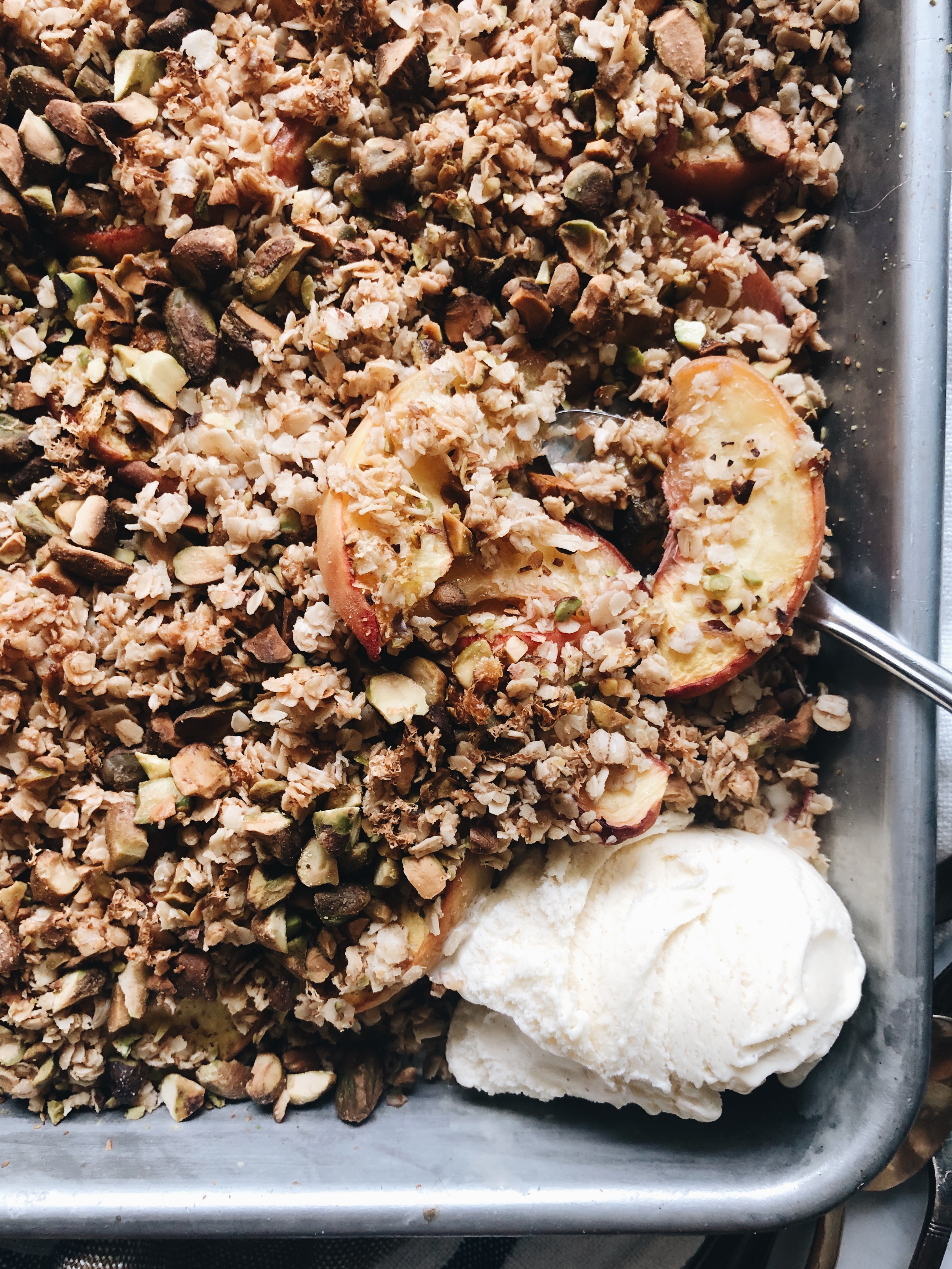 Simple Peach and Pistachio Crisp / Bev Cooks