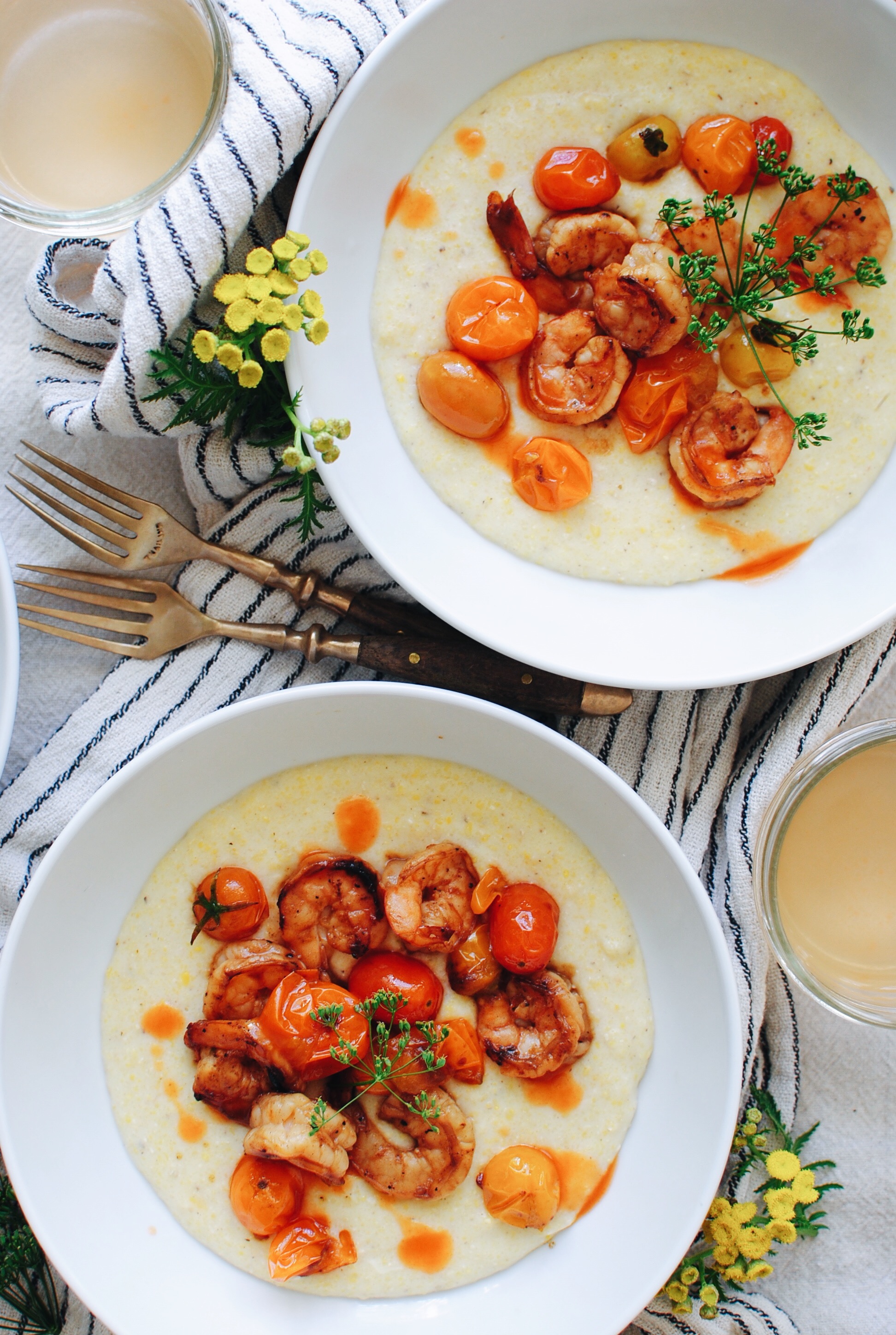 Cheesy Corn Grits with Fiery Tomatoes / Bev Cooks