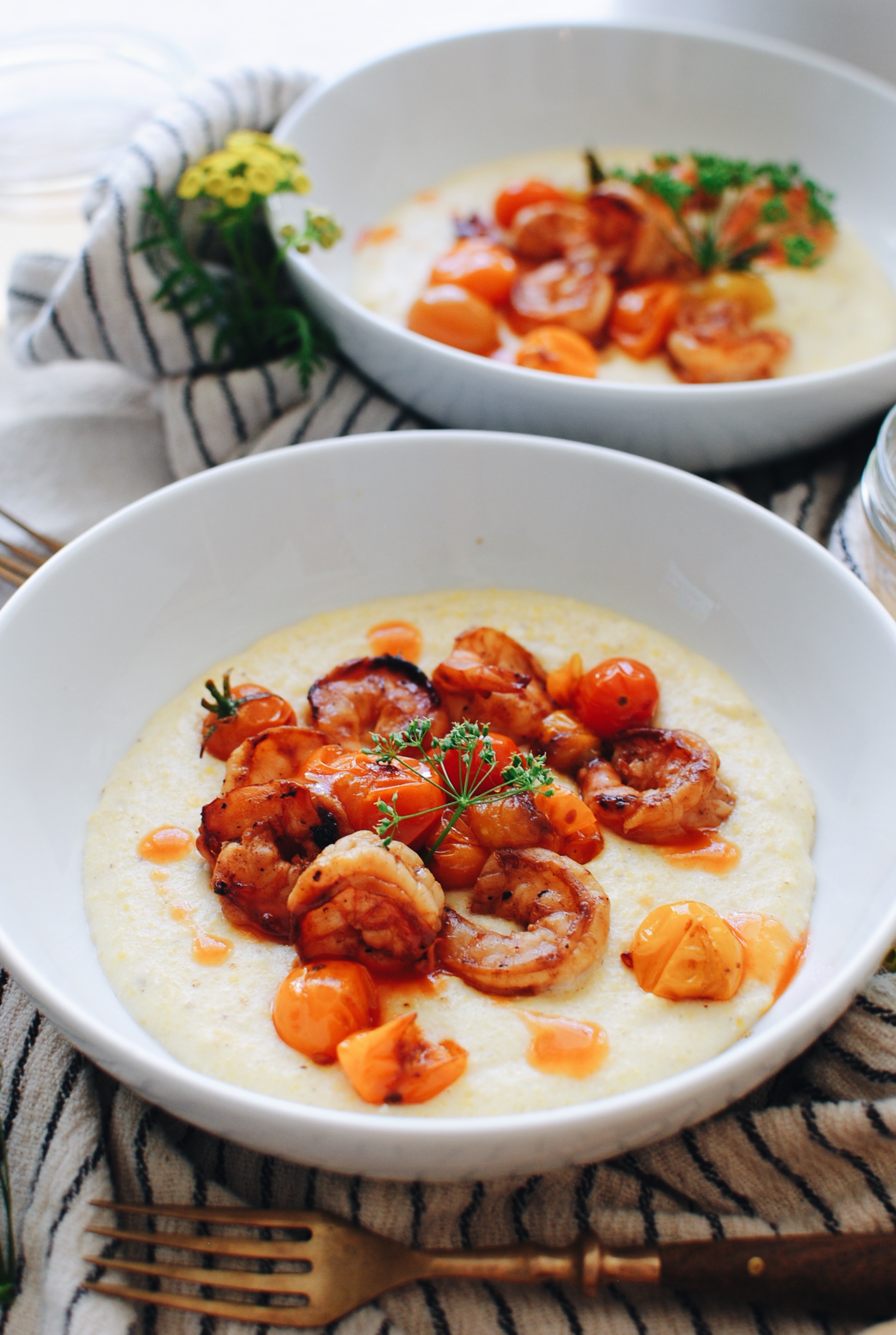 Cheesy Corn Grits with Fiery Tomatoes / Bev Cooks