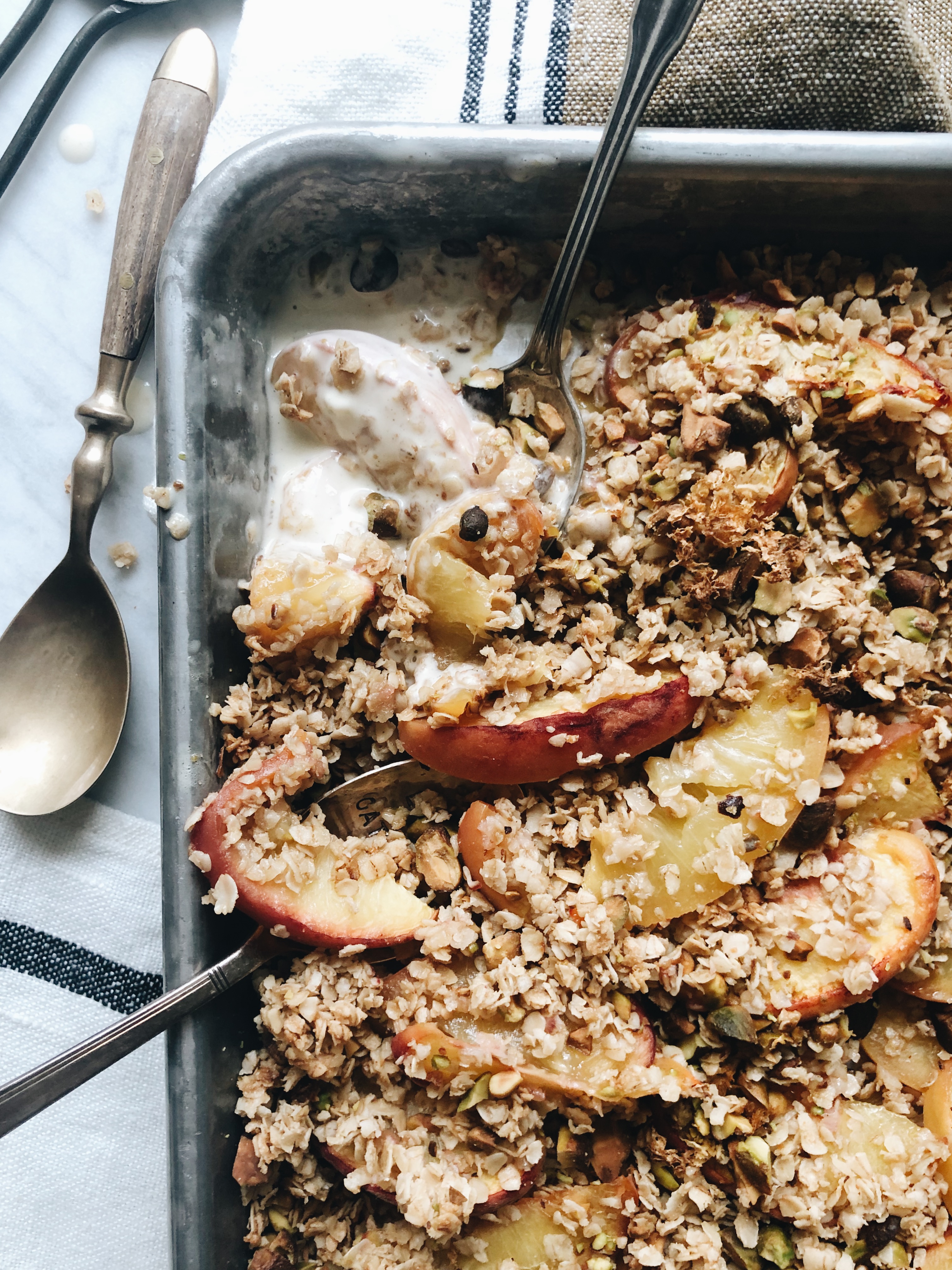 Simple Peach and Pistachio Crisp / Bev Cooks