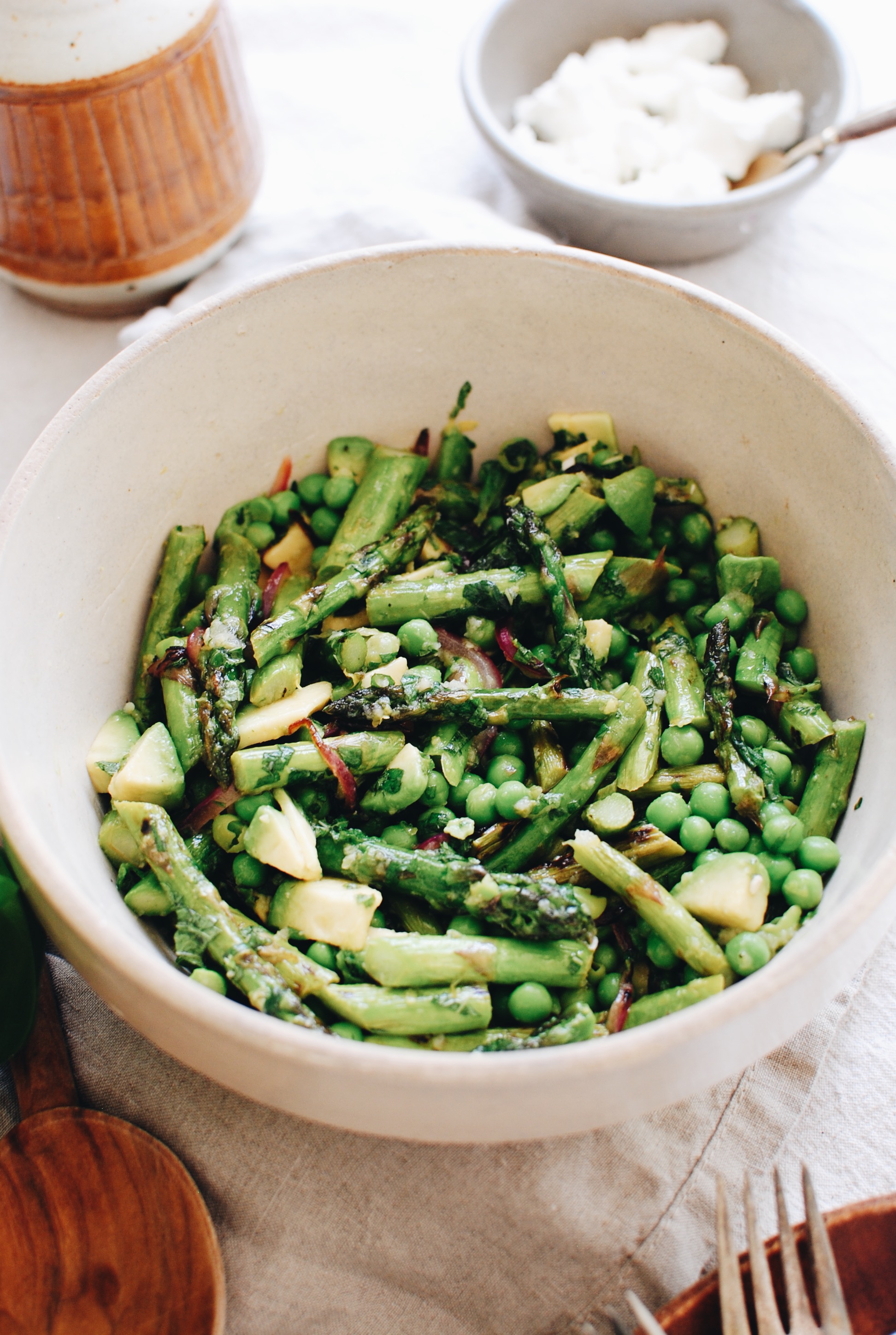 Grilled Asparagus Salad with Peas and Mint / Bev Cooks