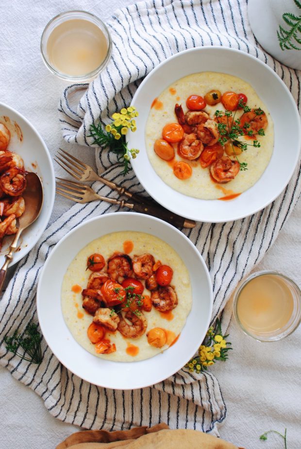 Cheesy Corn Grits with Fiery Shrimp / Bev Cooks