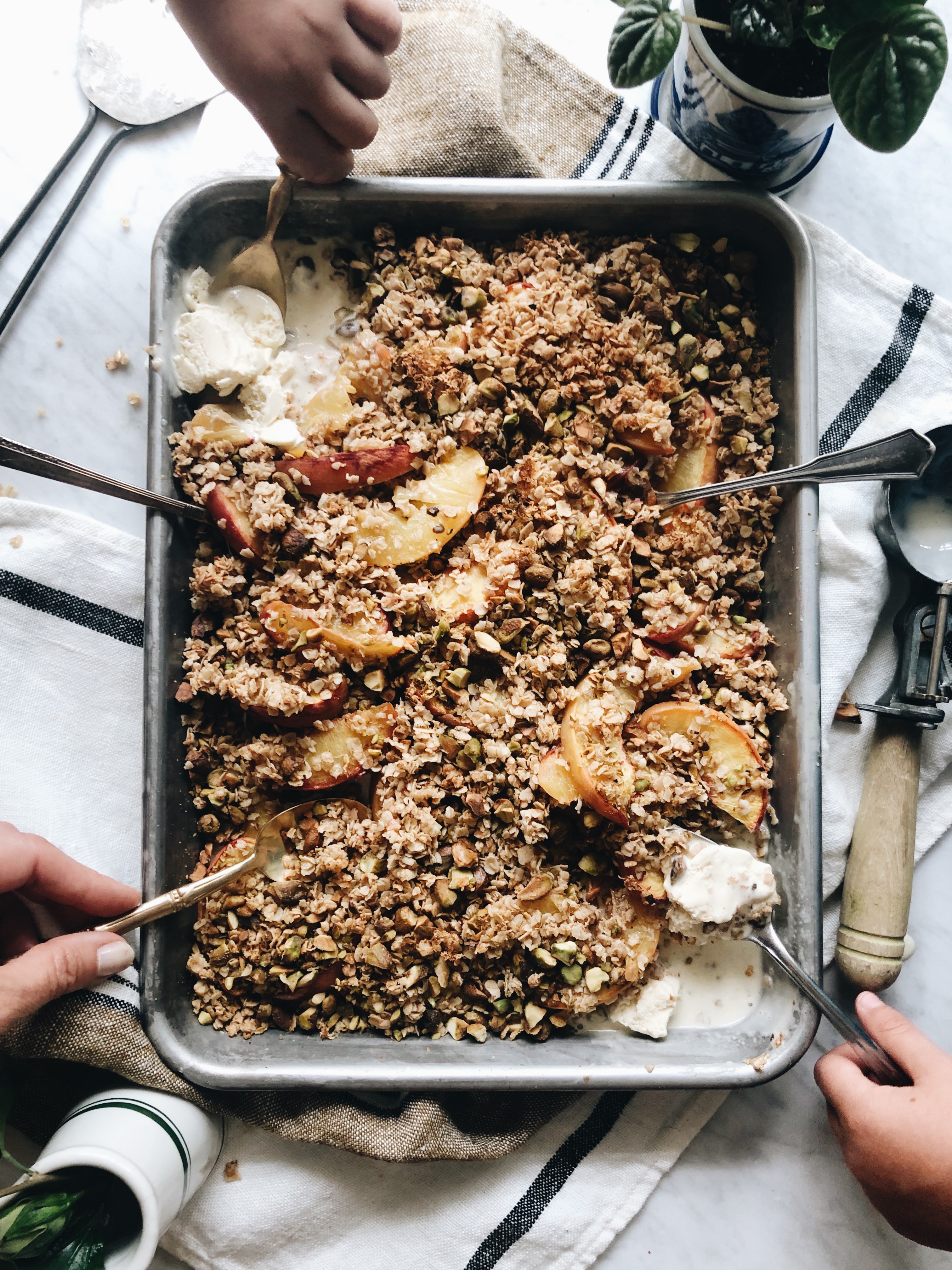 Simple Peach and Pistachio Crisp / Bev Cooks