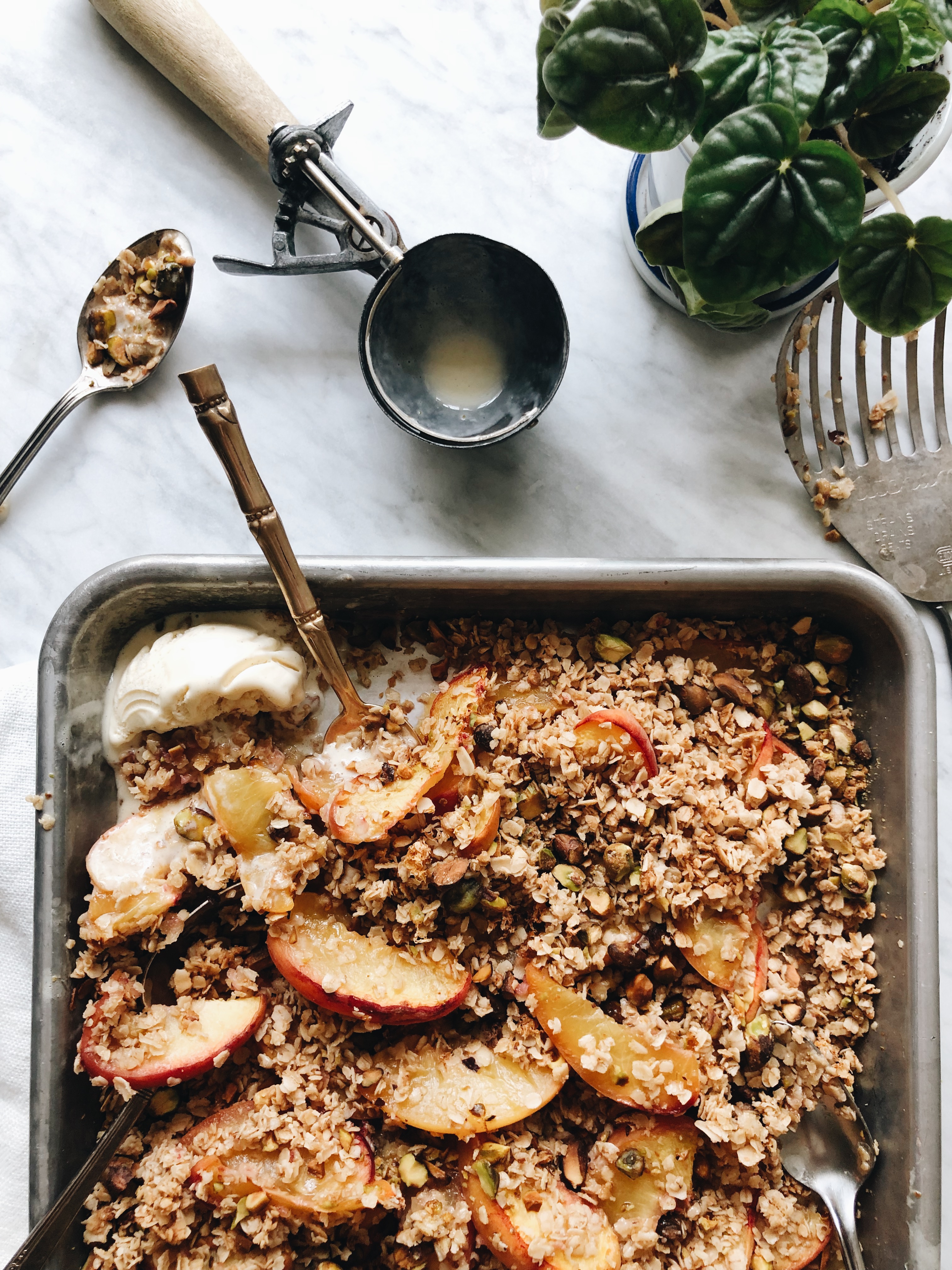 Simple Peach and Pistachio Crisp / Bev Cooks