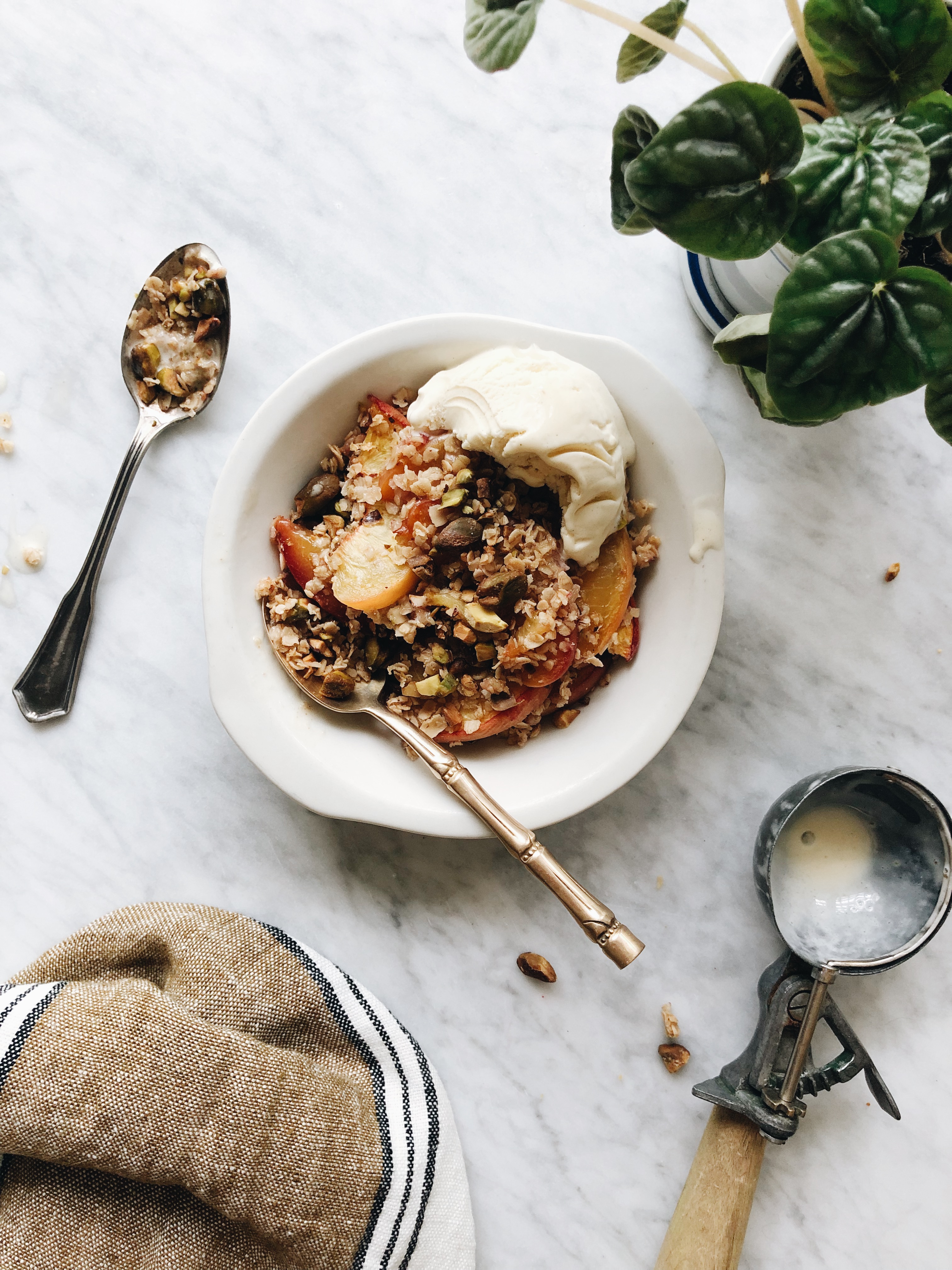 Simple Peach and Pistachio Crisp / Bev Cooks