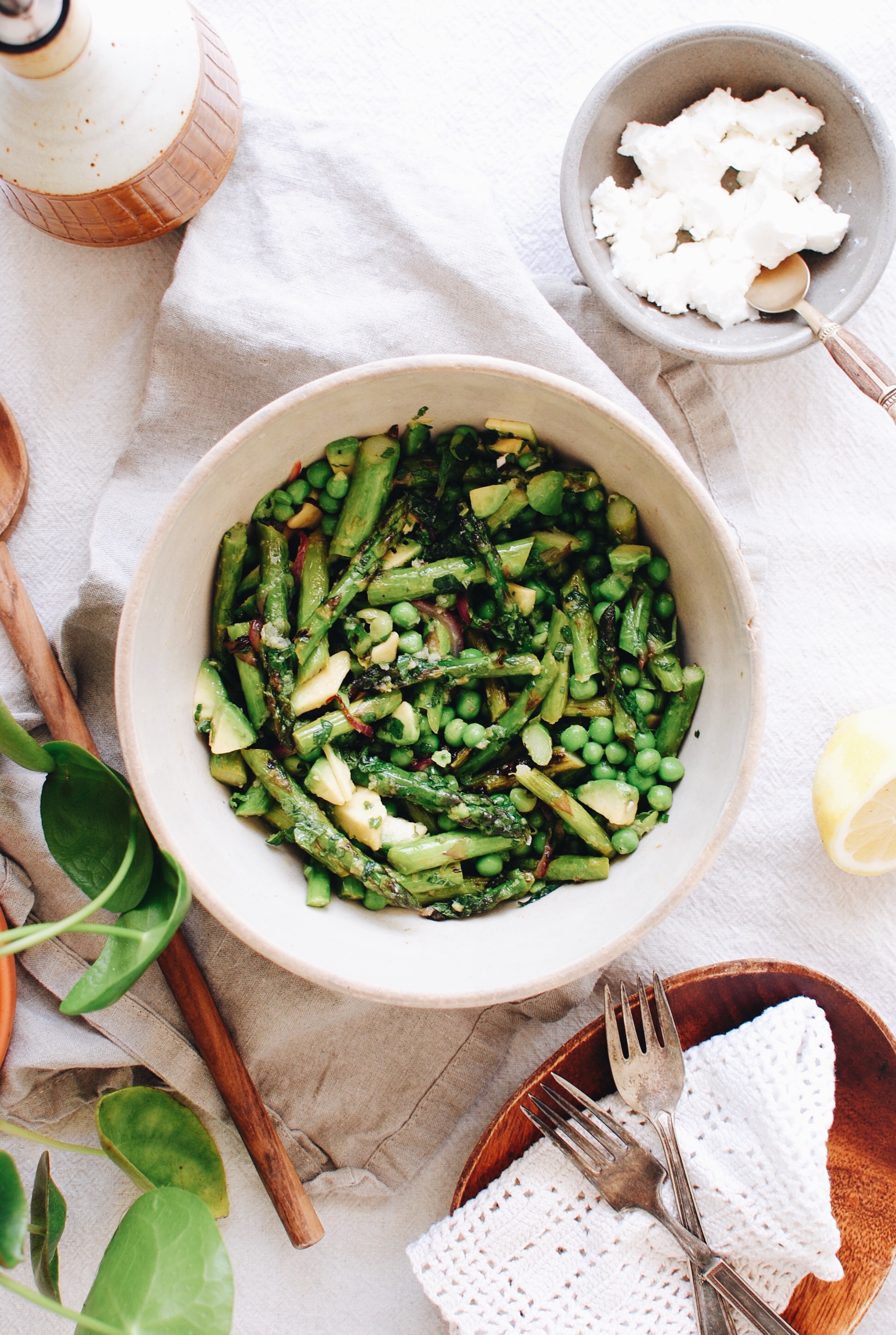 Grilled Asparagus Salad with Peas and Mint / Bev Cooks