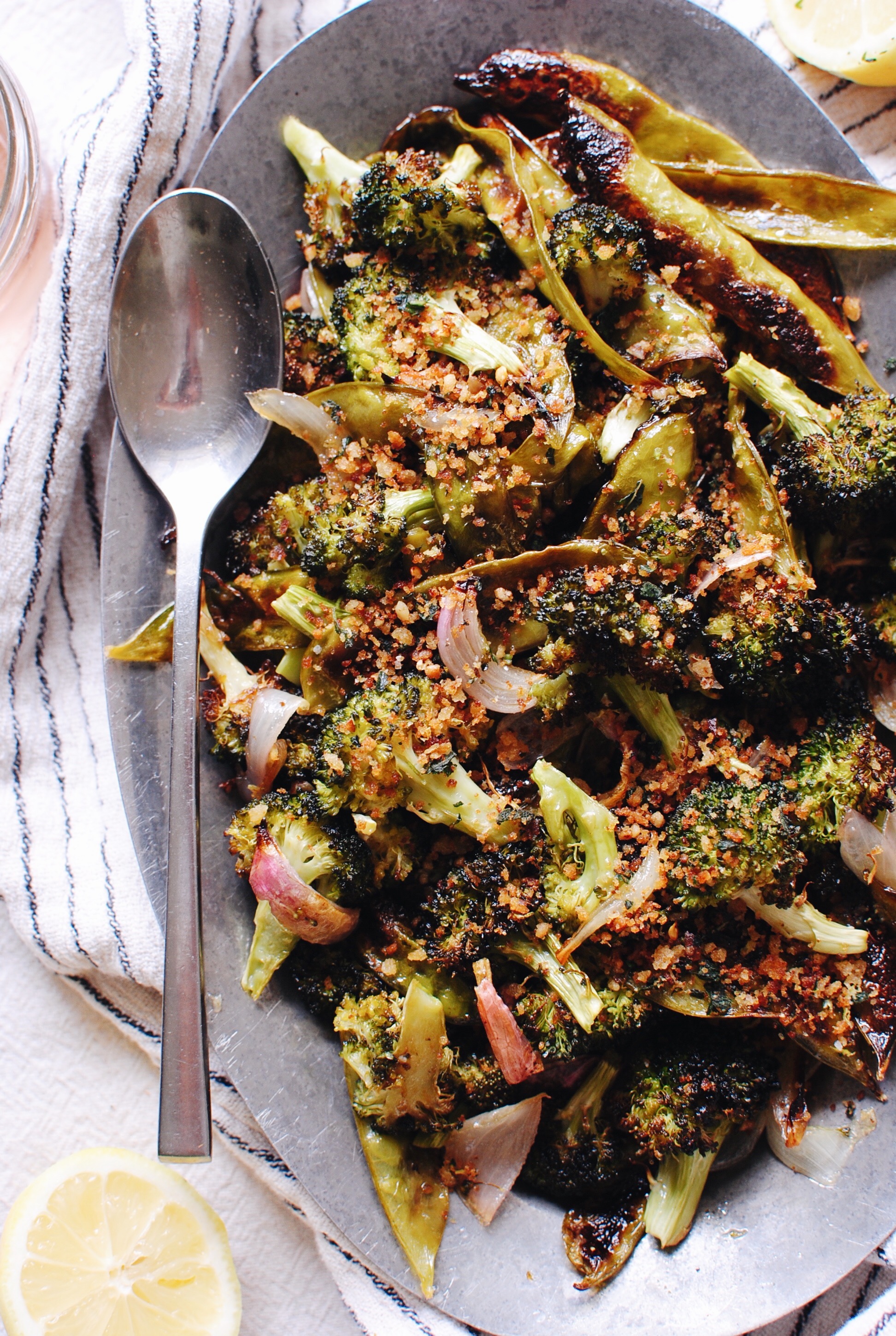 Roasted Broccoli and Snow Peas with Garden Breadcrumbs / Bev Cooks