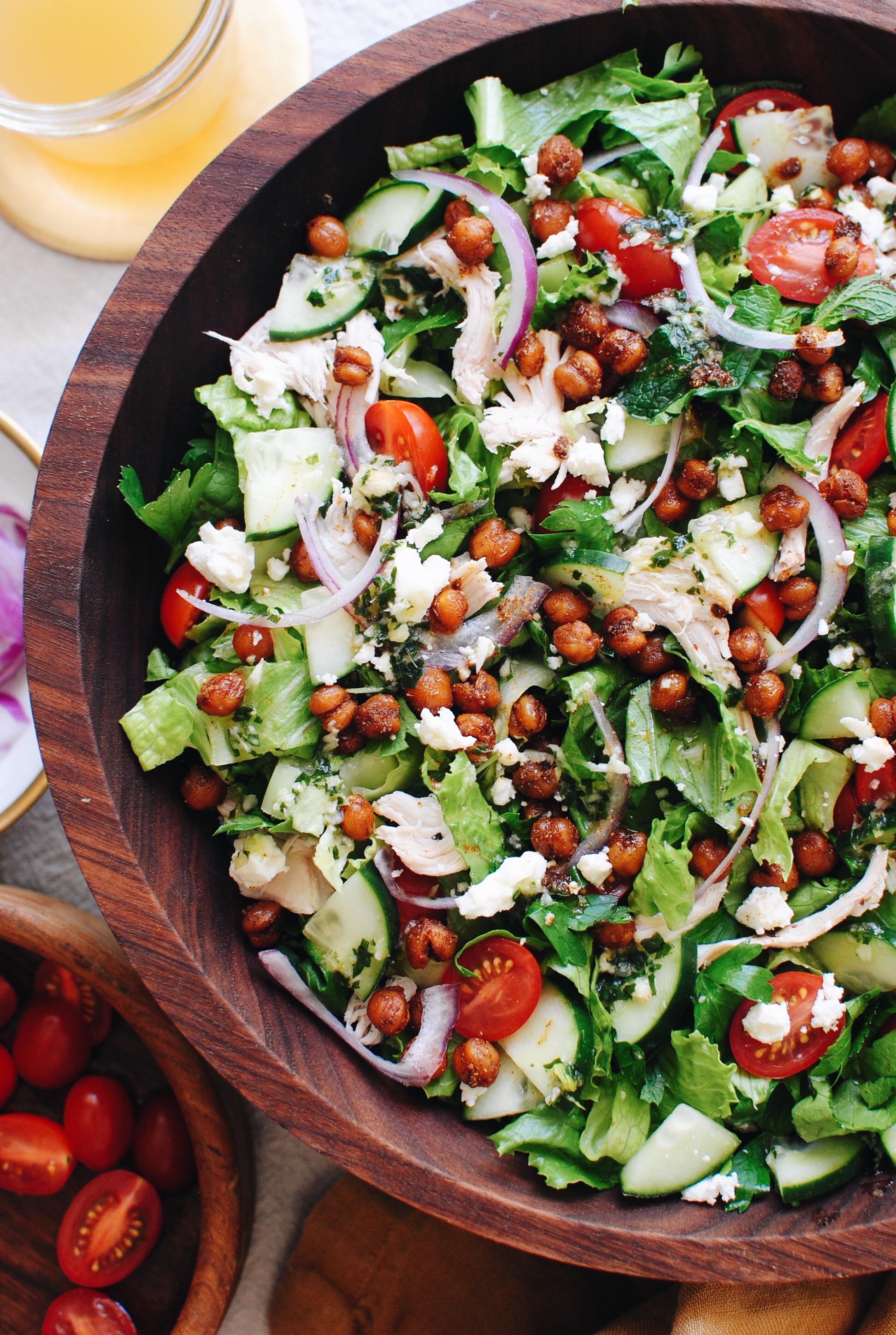 Loaded Greek Salad with Chicken and Crispy Chickpeas / Bev Cooks