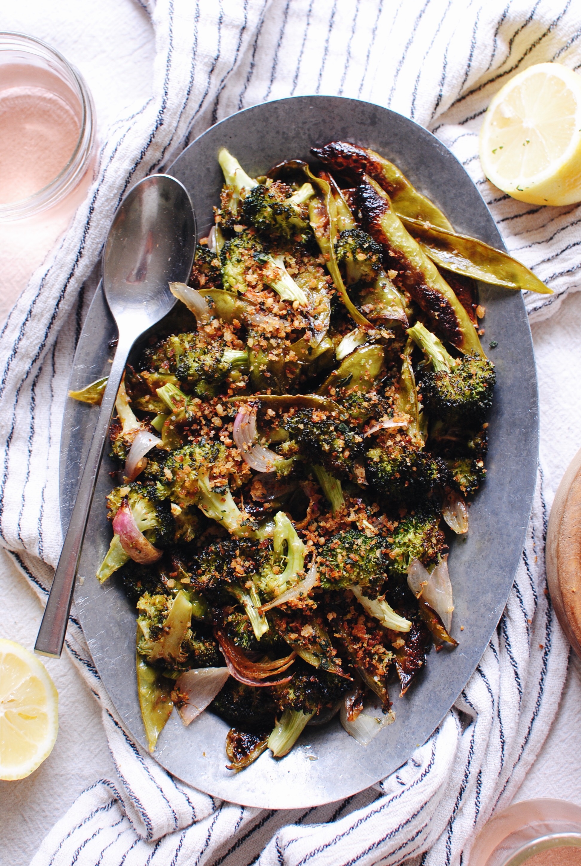 Roasted Broccoli and Snow Peas with Garden Breadcrumbs / Bev Cooks