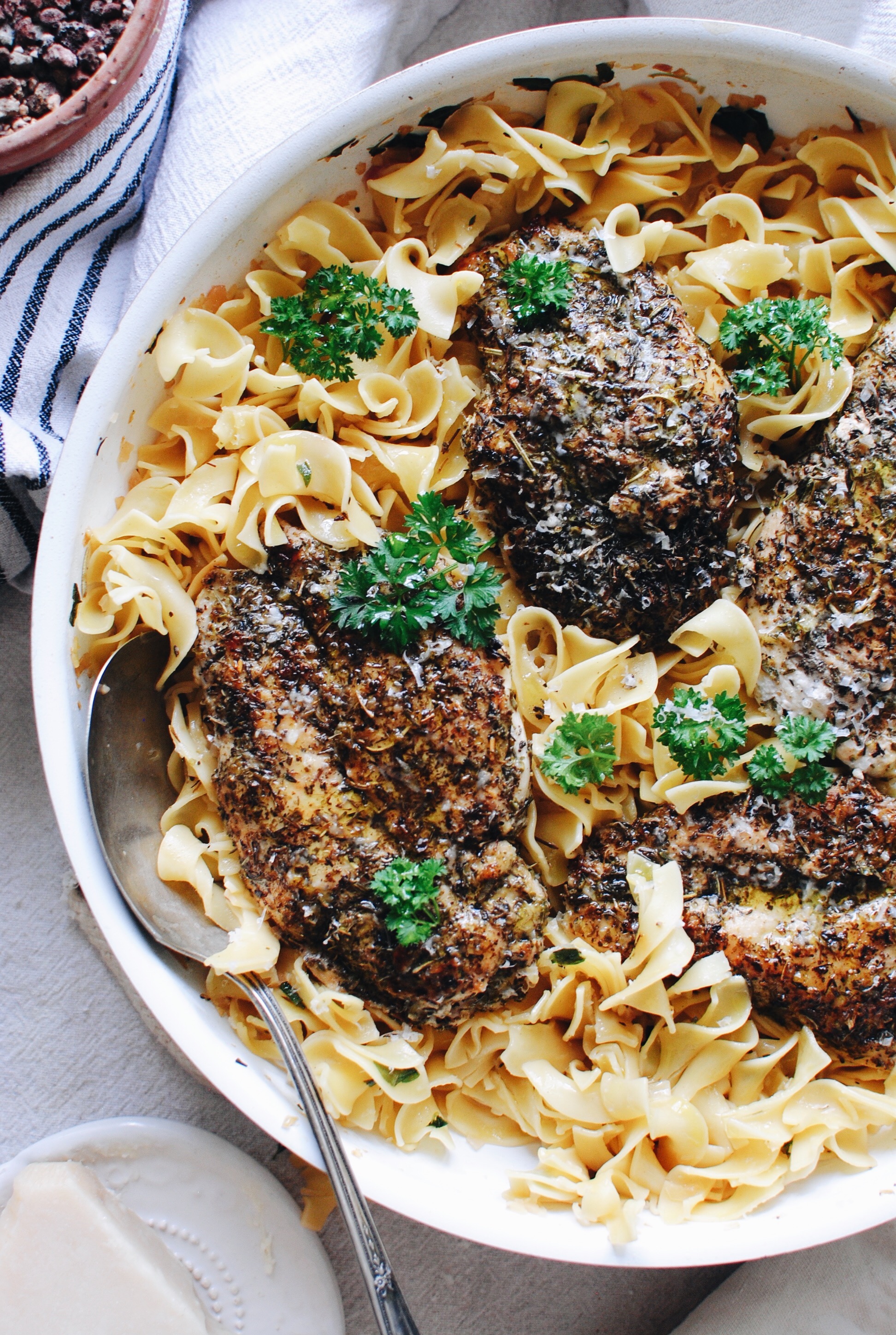 Blackened Chicken Pasta with Butter Wine Pan Sauce / Bev Cooks