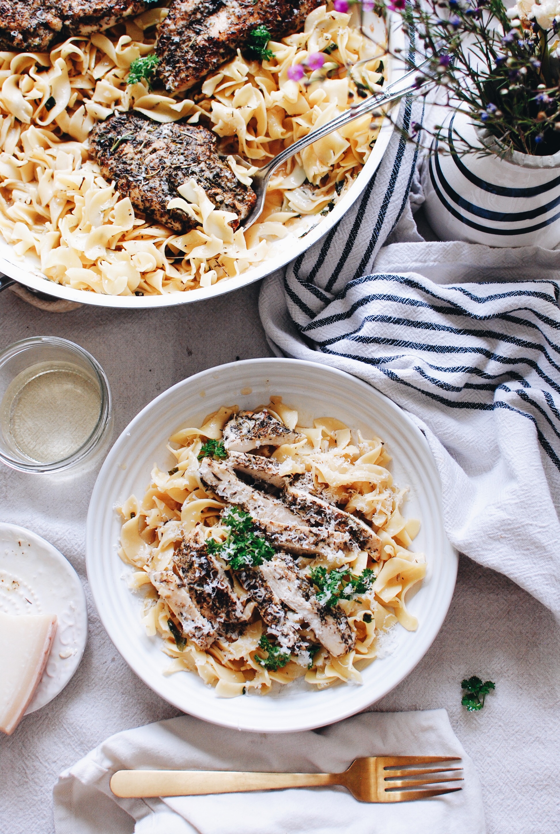 Blackened Chicken Pasta with Butter Wine Pan Sauce / Bev Cooks