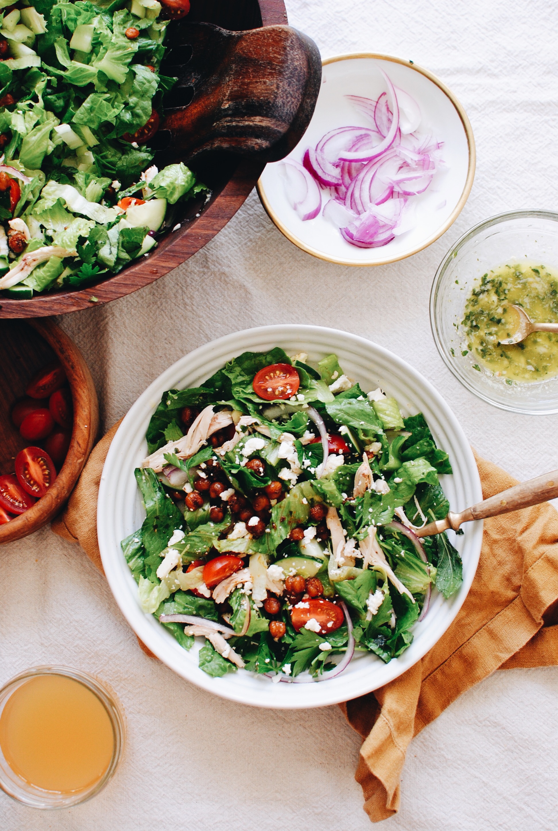 Loaded Greek Salad with Chicken and Crispy Chickpeas / Bev Cooks