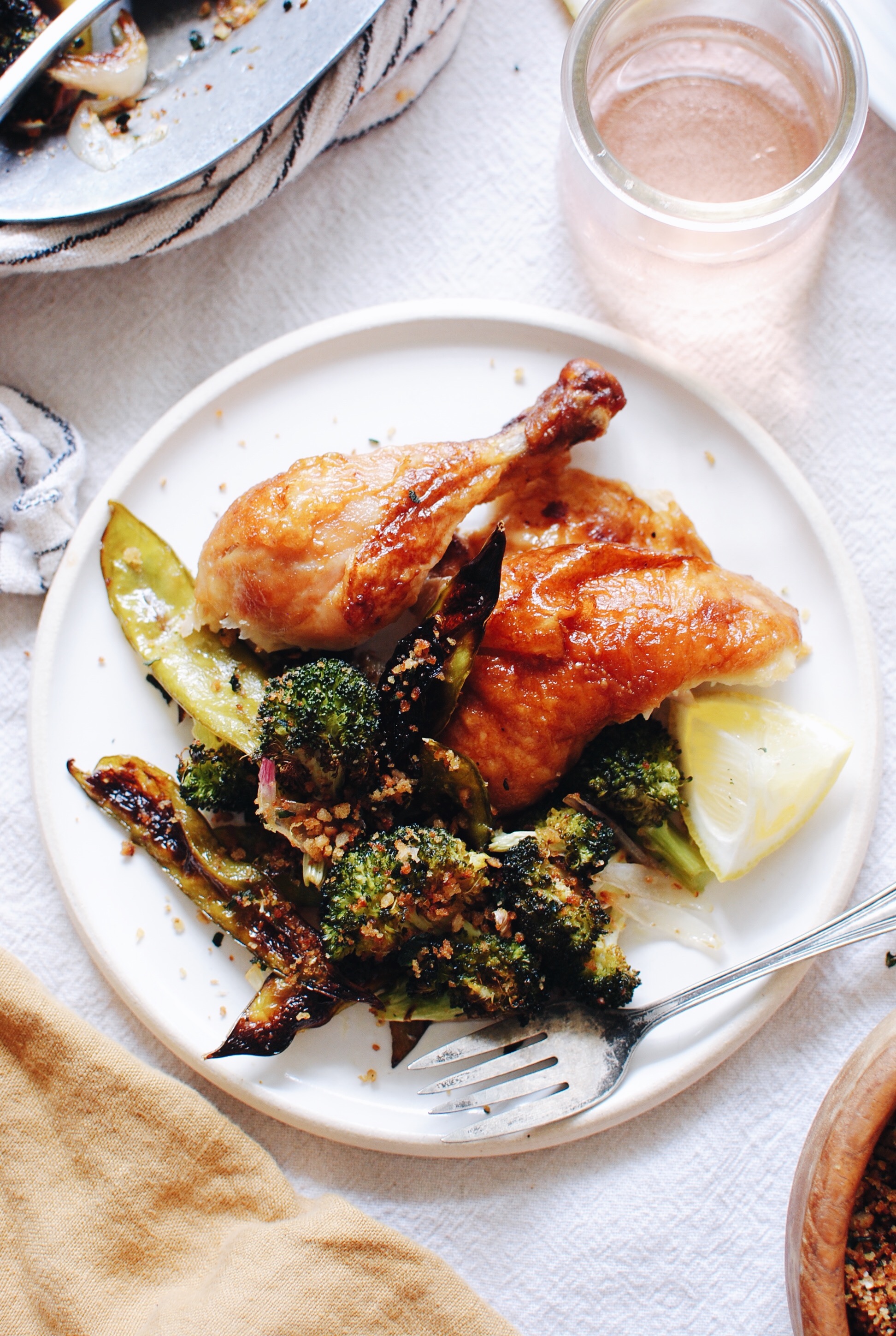 Roasted Broccoli and Snow Peas with Garden Breadcrumbs / Bev Cooks