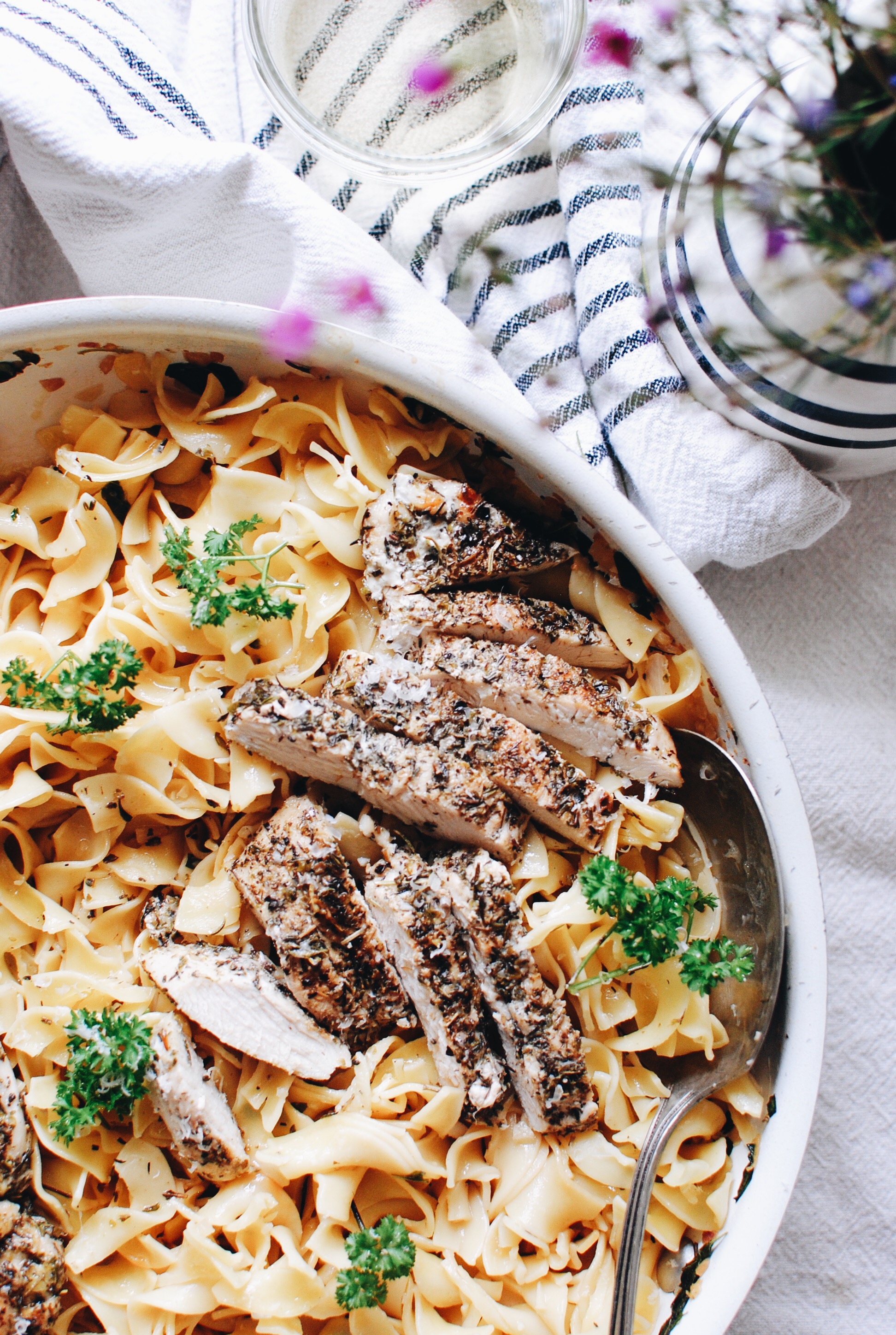 Blackened Chicken Pasta with Butter Wine Pan Sauce / Bev Cooks