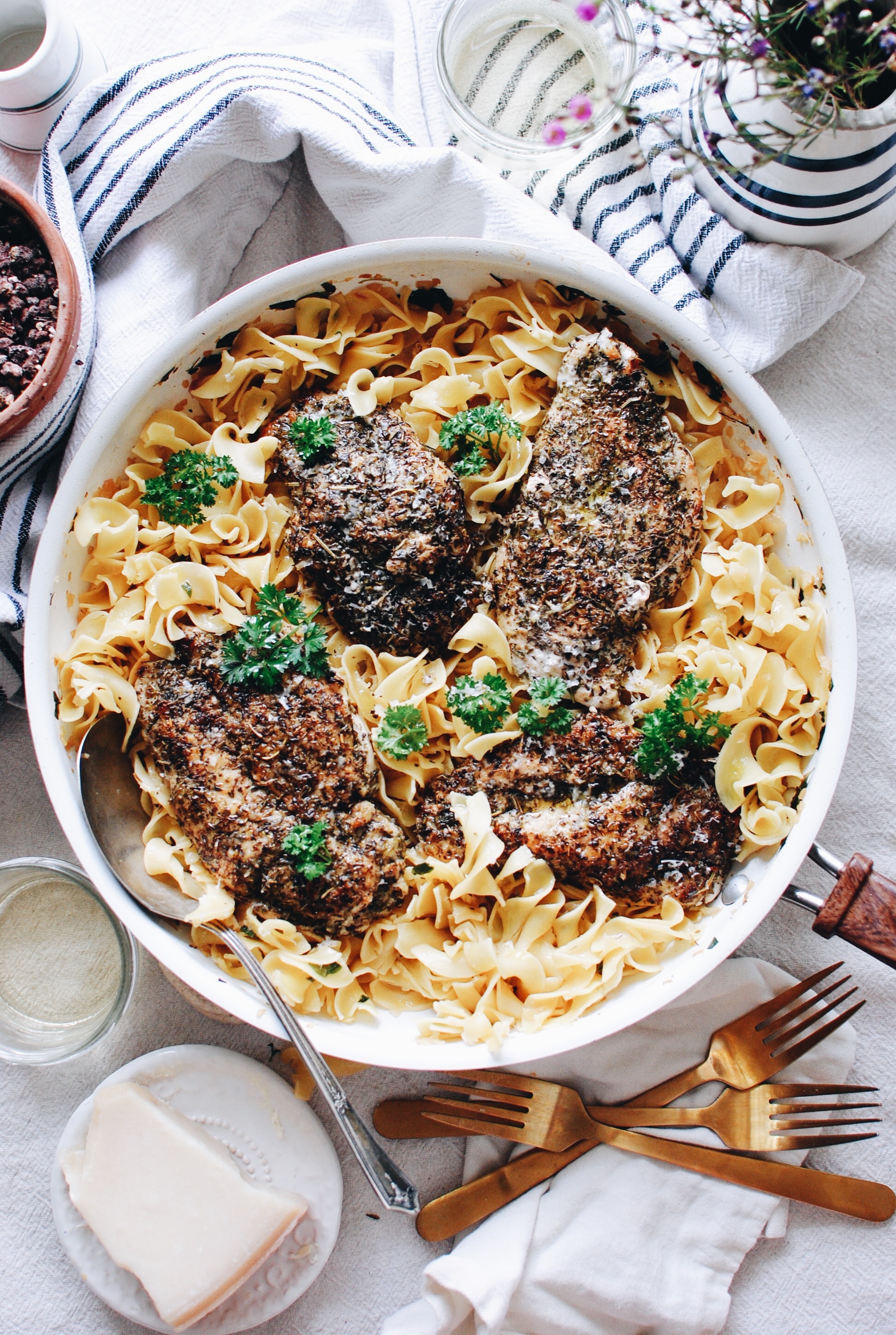 Blackened Chicken Pasta with Butter Wine Pan Sauce / Bev Cooks