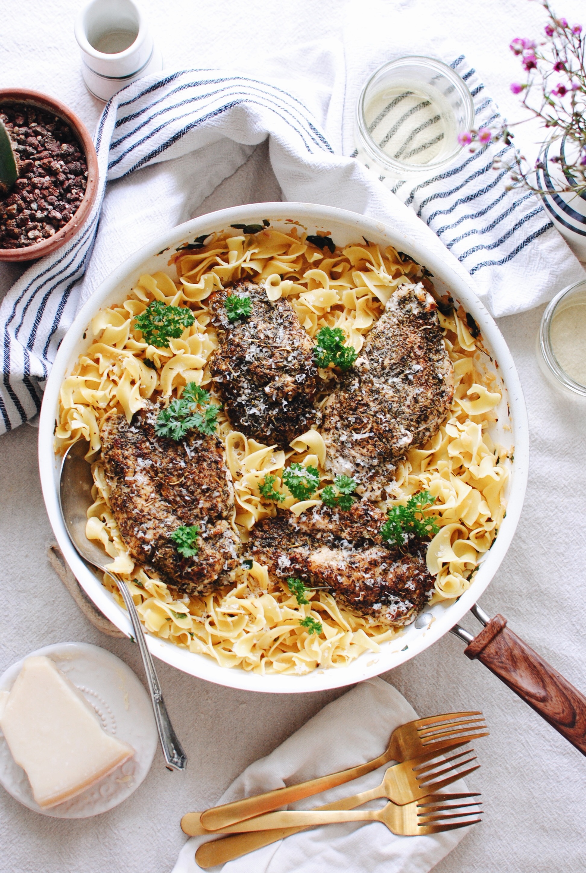 Blackened Chicken Pasta with Butter Wine Pan Sauce / Bev Cooks