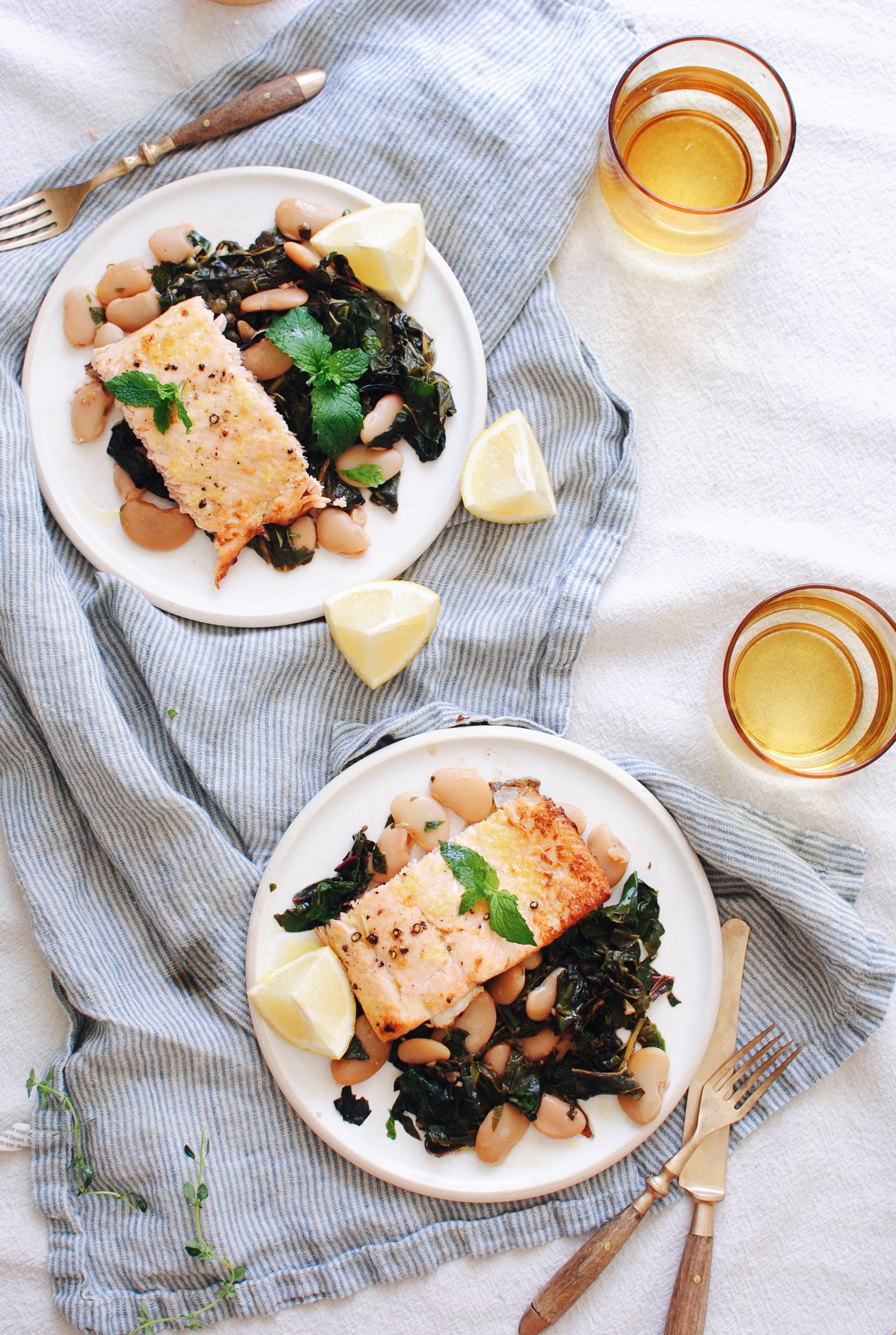 Broiled Salmon with Swiss Chard and Butter Beans / Bev Cooks