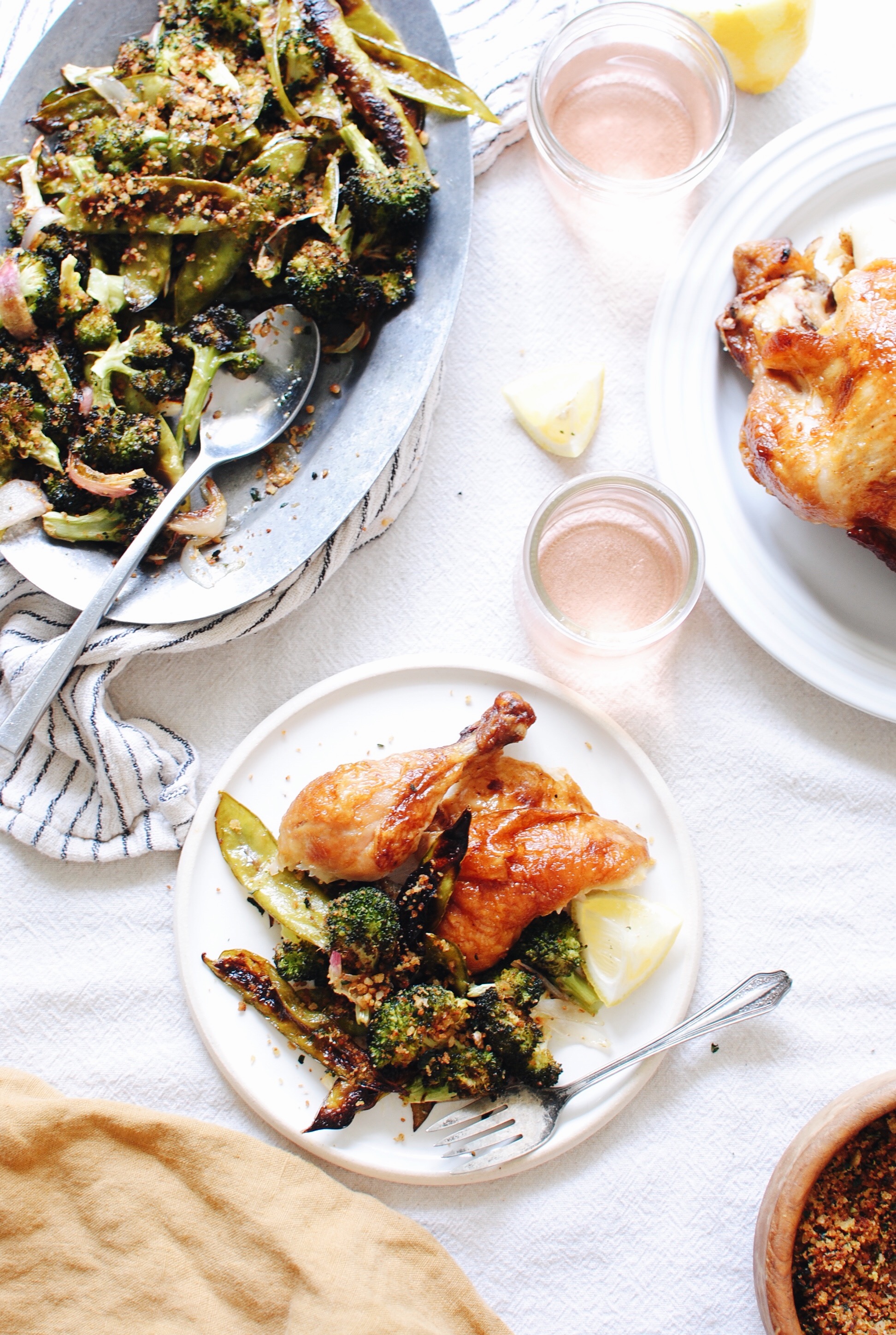 Roasted Broccoli and Snow Peas with Garden Breadcrumbs / Bev Cooks