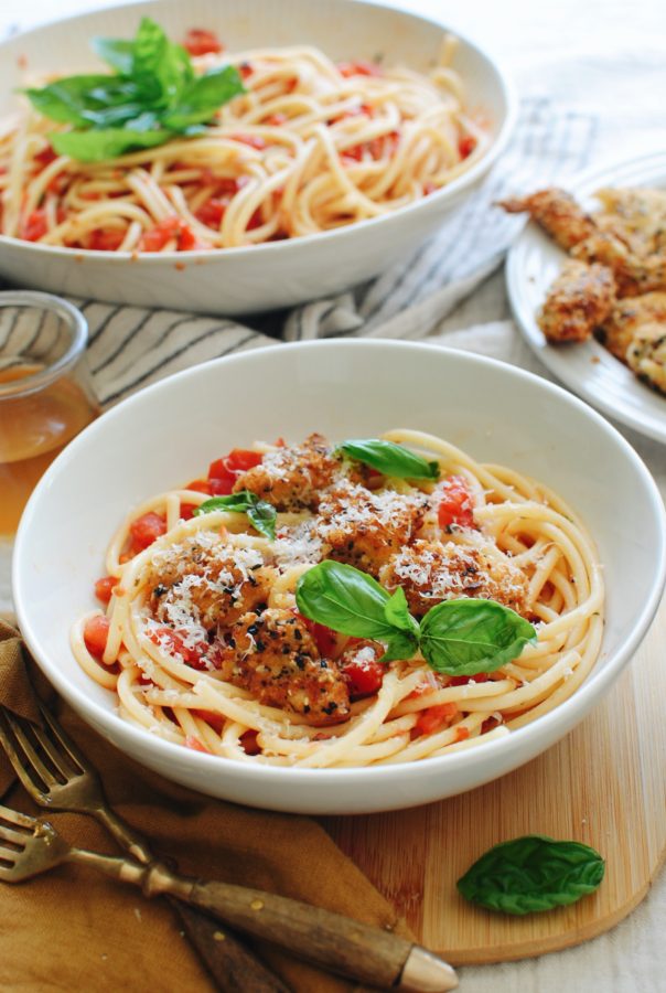 Bucatini with Everything Bagel Chicken Nuggets in a Raw Tomato Sauce ...