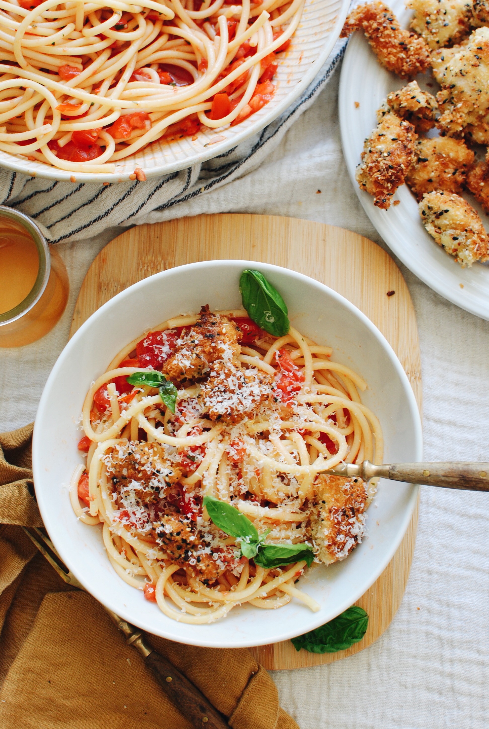 Bucatini with Everything Bagel Chicken Nuggets in a Raw Tomato Sauce / Bev Cooks