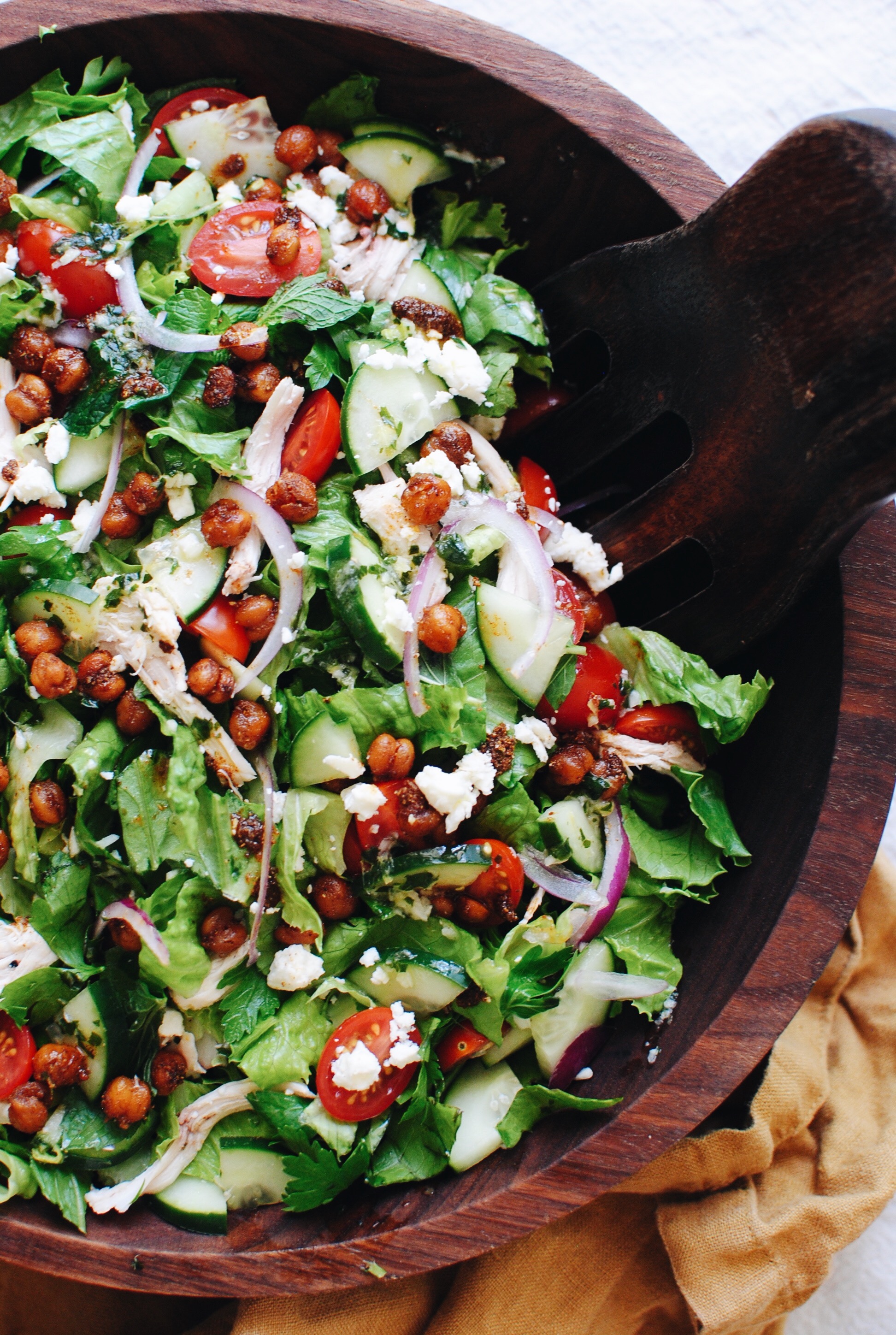 Loaded Greek Salad with Chicken and Crispy Chickpeas / Bev Cooks