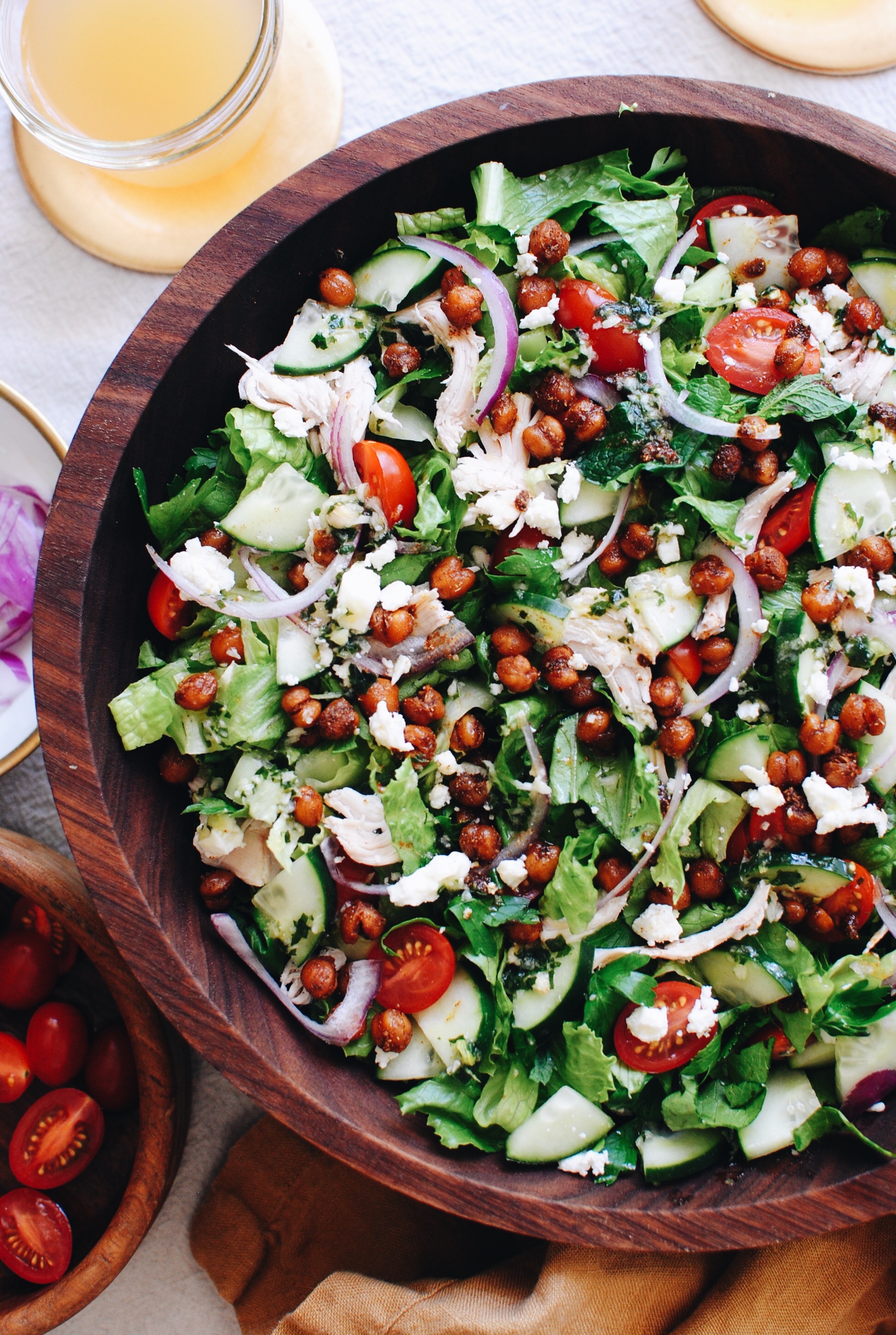 Loaded Greek Salad with Chicken and Crispy Chickpeas / Bev Cooks