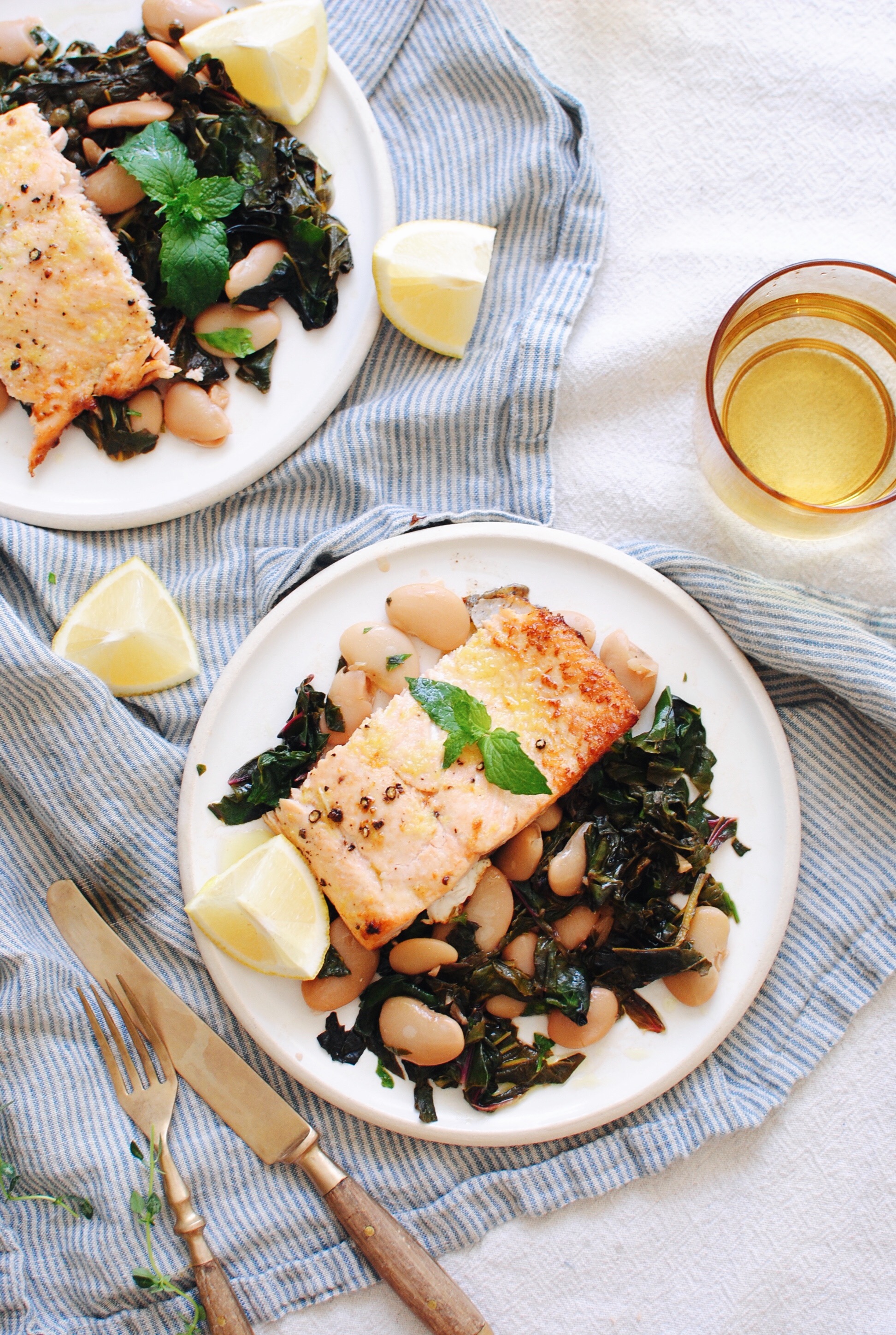 Broiled Salmon with Swiss Chard and Butter Beans - Bev Cooks