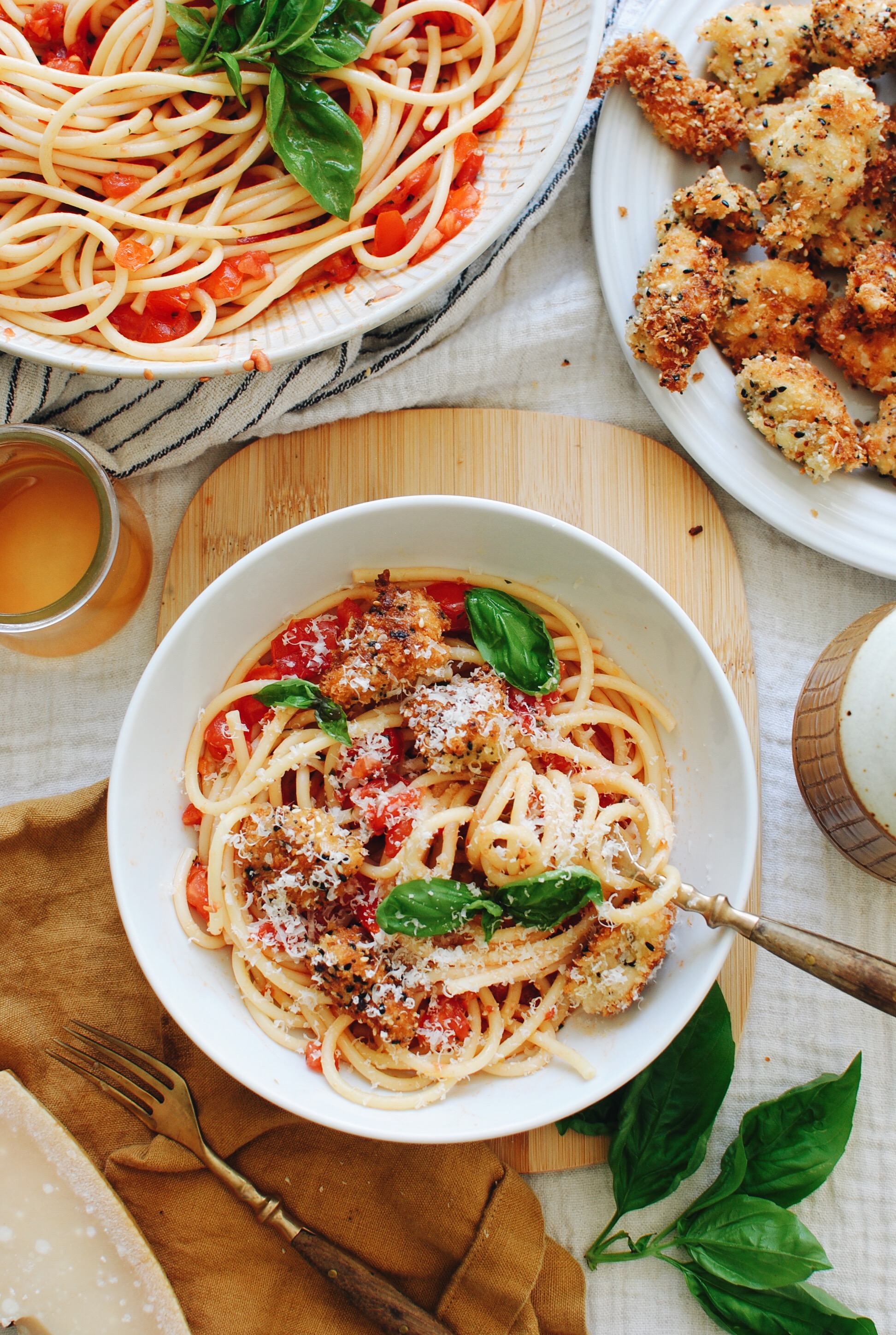 Bucatini with Everything Bagel Chicken Nuggets in a Raw Tomato Sauce / Bev Cooks