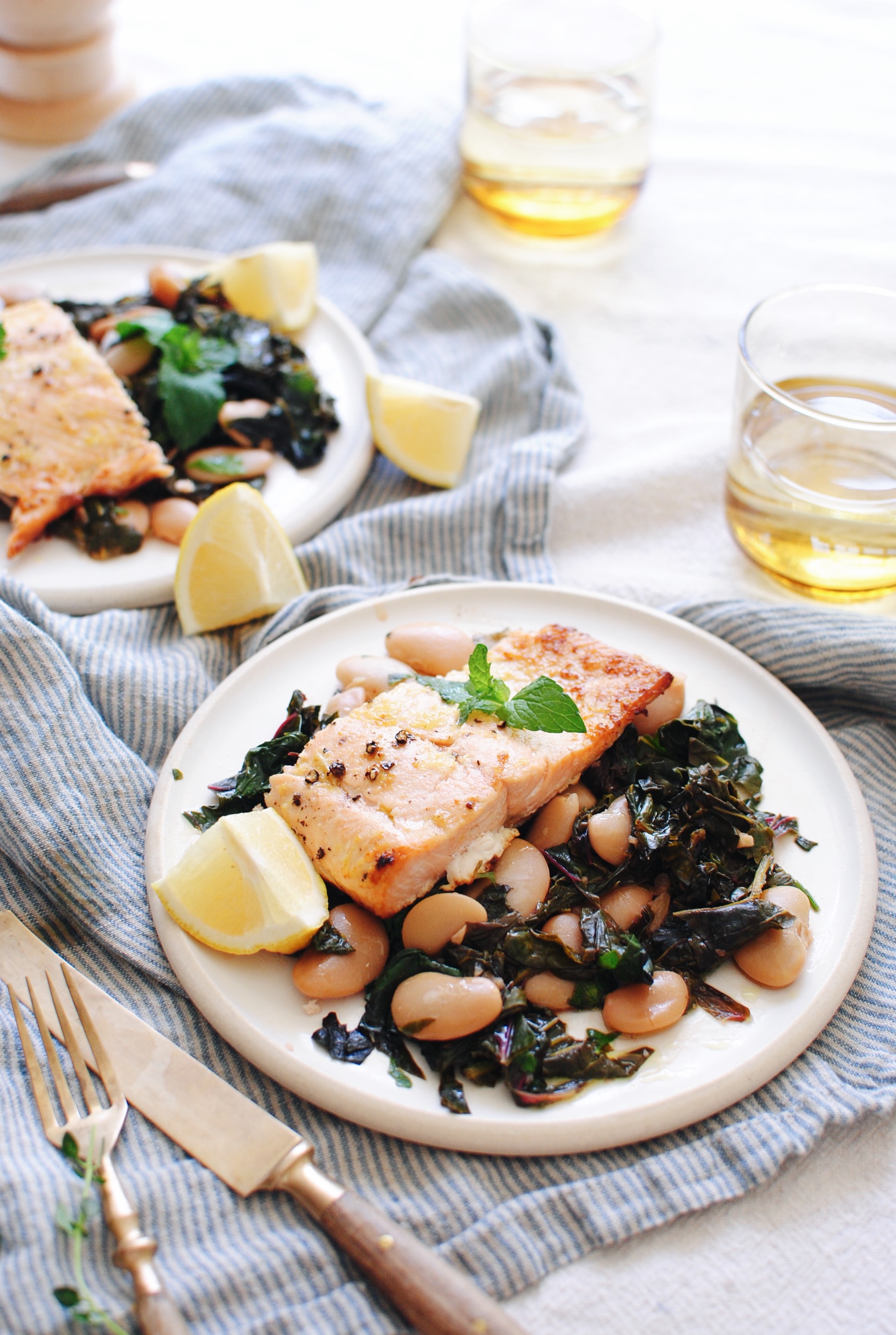 Broiled Salmon with Swiss Chard and Butter Beans / Bev Cooks