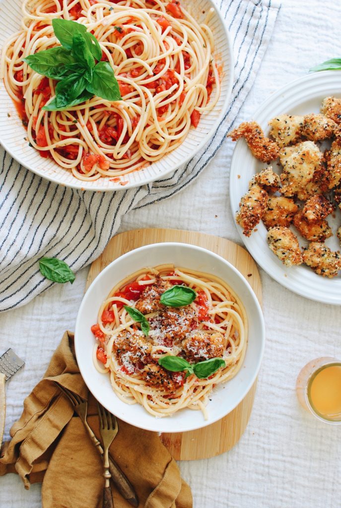 Bucatini with Everything Bagel Chicken Nuggets in a Raw Tomato Sauce ...