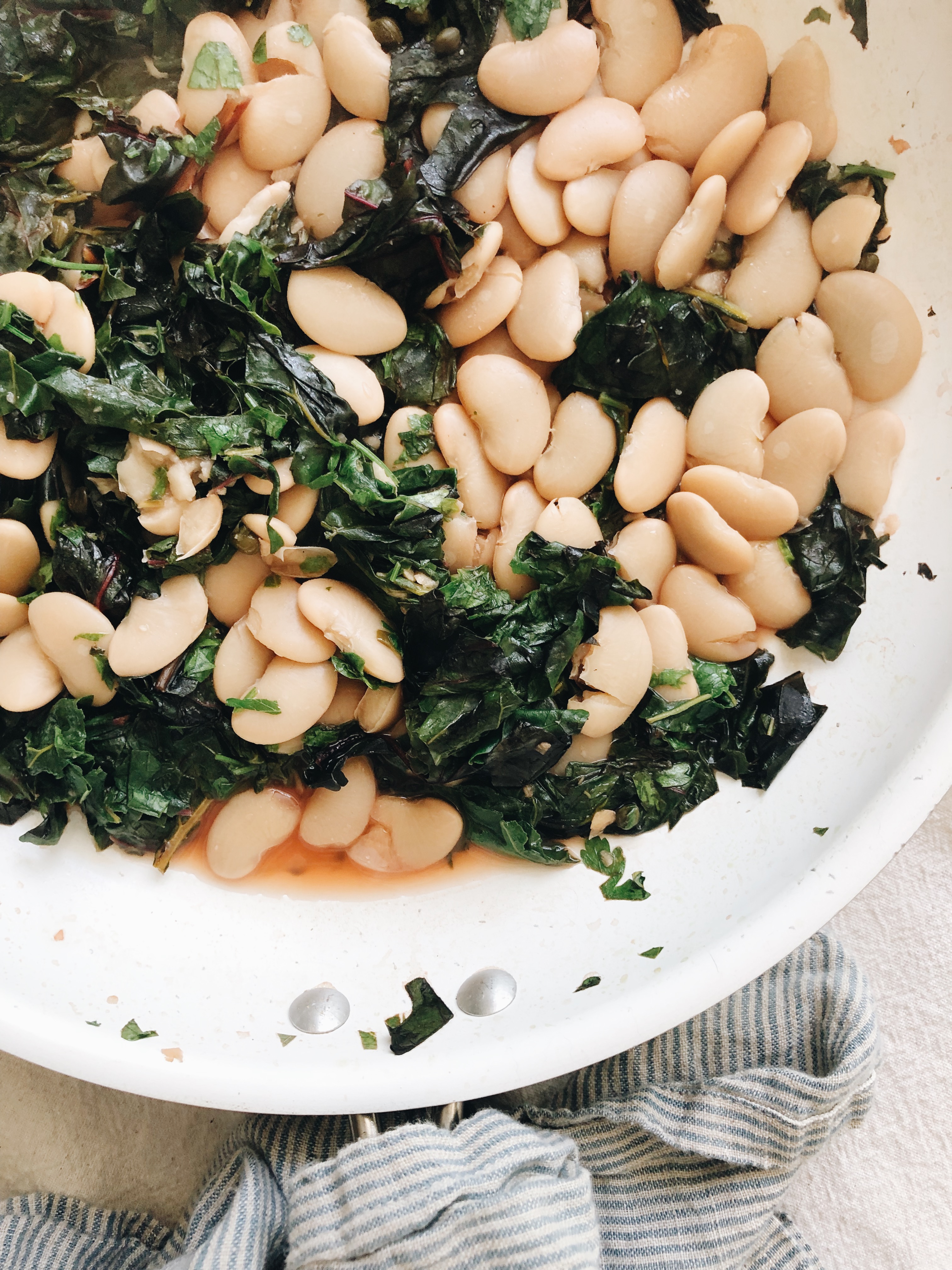 Broiled Salmon with Swiss Chard and Butter Beans / Bev Cooks