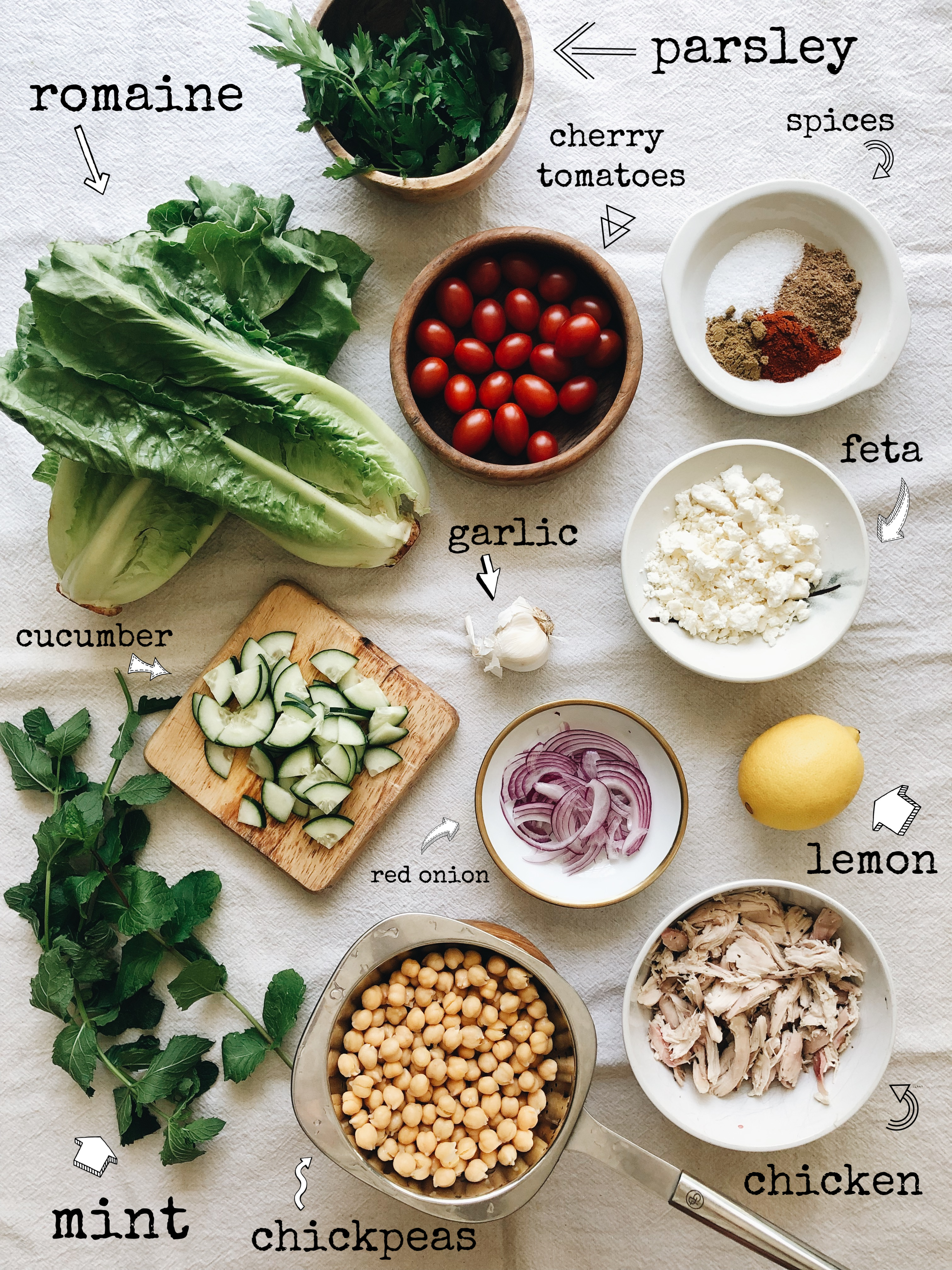 Loaded Greek Salad with Chicken and Crispy Chickpeas / Bev Cooks