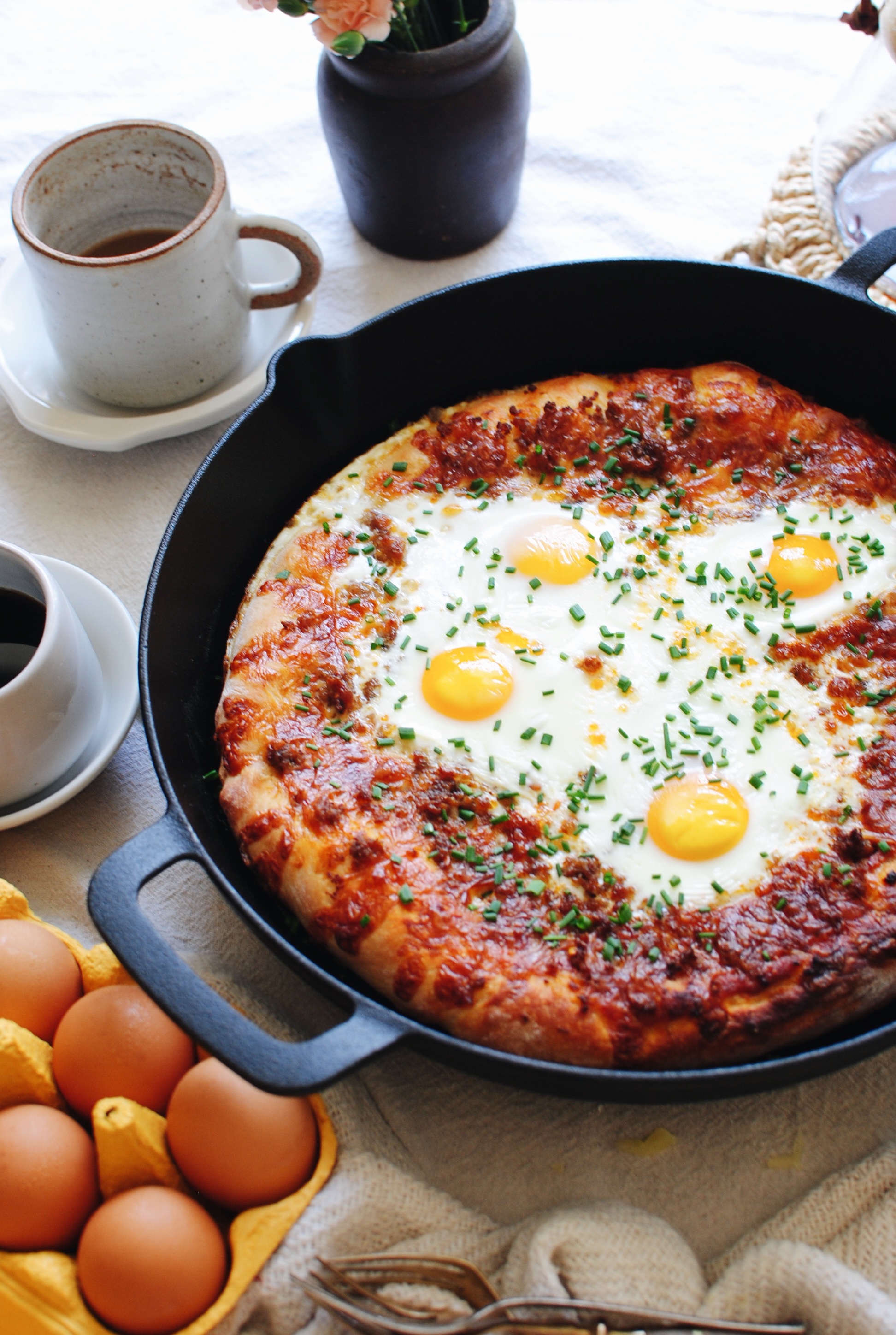 Breakfast Pizza with Sausage and Eggs / Bev Cooks