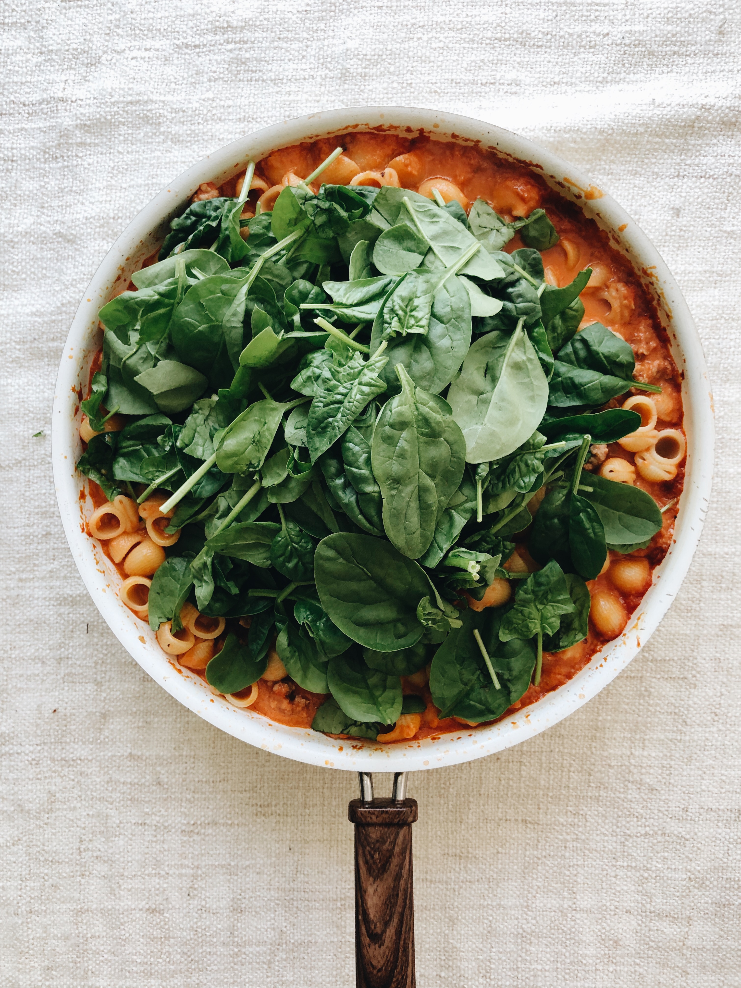 Creamy Tomato Shellbows with Sausage and Spinach / Bev Cooks