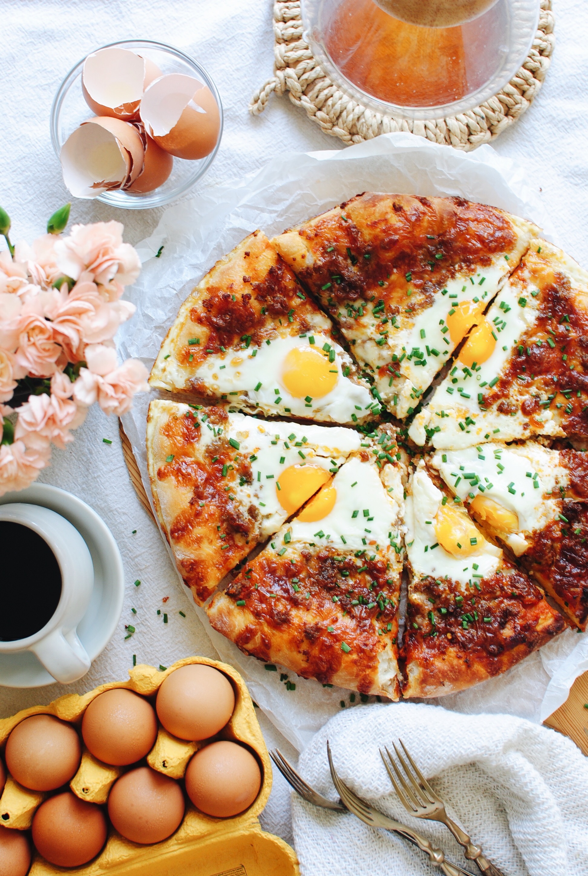 Breakfast Pizza with Sausage and Eggs / Bev Cooks