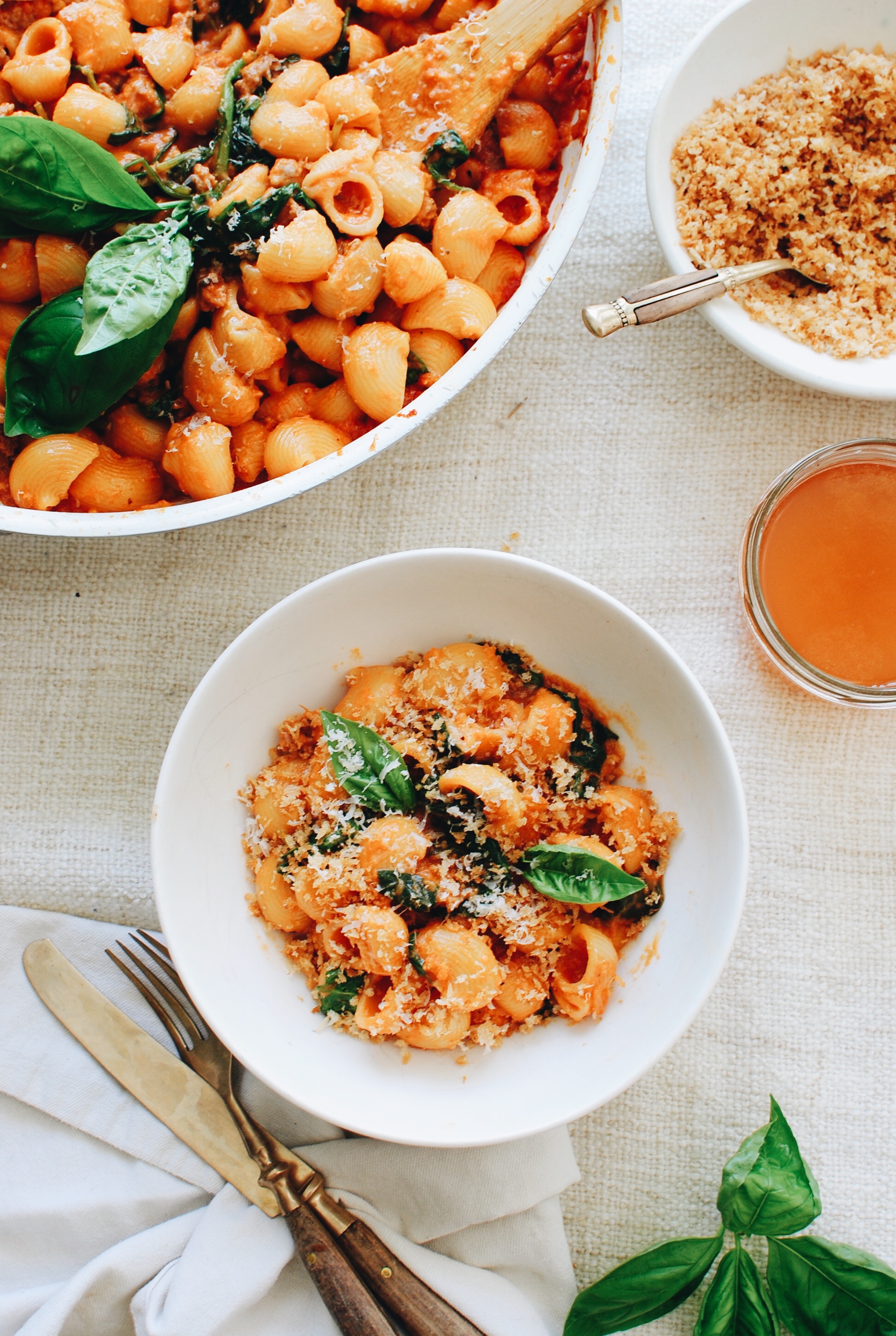 Creamy Tomato Shellbows with Sausage and Spinach / Bev Cooks