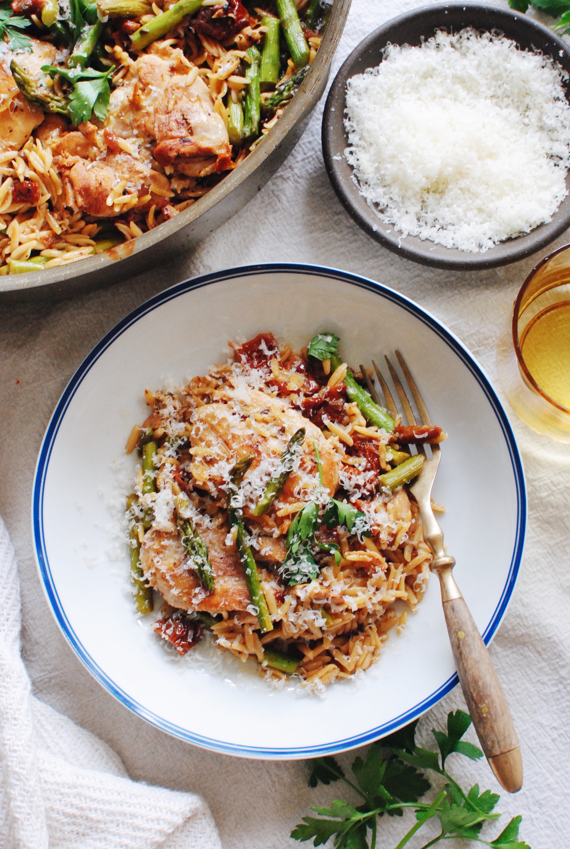 One-Pan Orzo with Chicken, Asparagus and Sundried Tomatoes / Bev Cooks